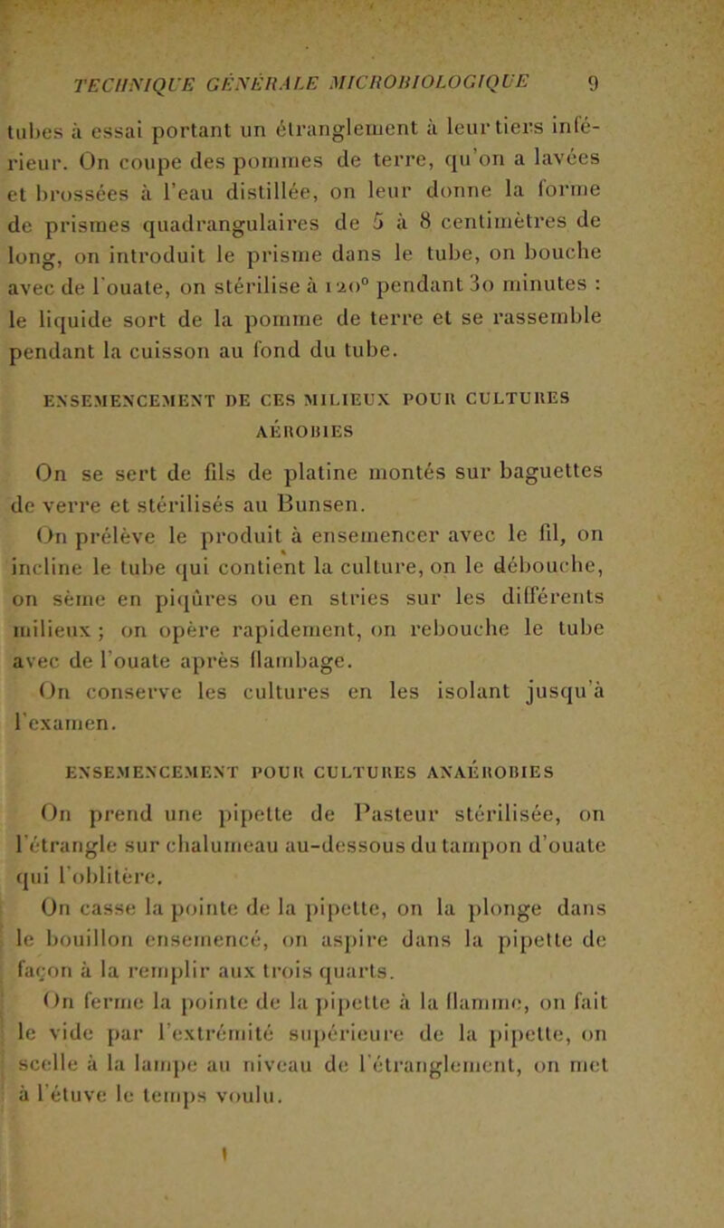 liil)es à essai portant un étranglement à leur tiers inlé- rieur. On coupe des pommes de terre, qu’on a lavées et brossées à l’eau distillée, on leur donne la forme de prismes quadrangulaires de 5 à 8 centimètres de long, on introduit le prisme dans le tube, on bouche avec de 1 ouate, on stérilise à l'io® pendant 3o minutes : le liquide sort de la pomme de terre et se rassemble pendant la cuisson au fond du tube. ENSEMENCEMENT DE CES MILIEUX POUR CULTURES AÉROUIES On se sert de fils de platine montés sur baguettes de verre et stérilisés au Bunsen. On prélève le produit à ensemencer avec le fil, on incline le tube (jui contient la culture, on le débouche, on sème en pitjùres ou en stries sur les différents milieux ; on opère rapidement, on rebouche le tube avec de l’ouate après llambage. On conserve les cultures en les isolant jusqu’à l’examen. ENSE.MENCEMENT POUR CULTURES ANAÉROIUES On prend une pipette de Pasteur stérilisée, on l’étrangle sur chalumeau au-dessous du tampon d’ouate qui l'oblitère. On casse la pointe de la pipette, on la plonge dans le bouillon ensemencé, on aspire dans la pipette de façon à la remplir aux trois quarts. On ferme la pointe de la jiipette à la llamme, on fait le vide par l’extrémité supérieure de la pipette, on scelle à fa lampe au niveau de rétranglement, on met à l’étuve le teiiqis voulu.