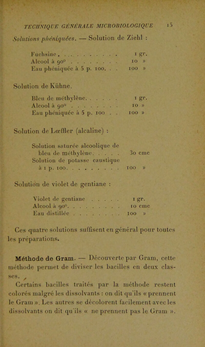 Solutions phéniqiiécs. — Solution de /iehl : Fuchsine i g** Alcool à 90° 10 » Eau phéuiqucc à 5 p. 100. . . 100 » Solution deKühne. Bleu de méthylène i gc. Alcool à 90“ 10 » Eau phéuiquée à 5 p. 100 . . 100 » Solution de Lœffler (alcaline) : Solution saturée alcoolique de bleu de méthylène 3o cnic Solution de potasse caustique à I p. 100 100 » Solution de violet de gentiane : Violet de gentiane i gr. Alcool à 90*^ 10 cinc Eau distillée loo u Ces quatre solutions suffisent en général pour toutes les préparations. Méthode de Gram. — Découverte par Gram, cette méthode permet de diviser les bacilles en deux clas- ses. ^ Certains bacilles traités par la méthode restent colorés malgré les dissolvants : on dit qu’ils « prennent le Gram». Les autres se décolorent facilement avec les dissolvants on dit (pi'ils « ne prennent pas le Gram ».