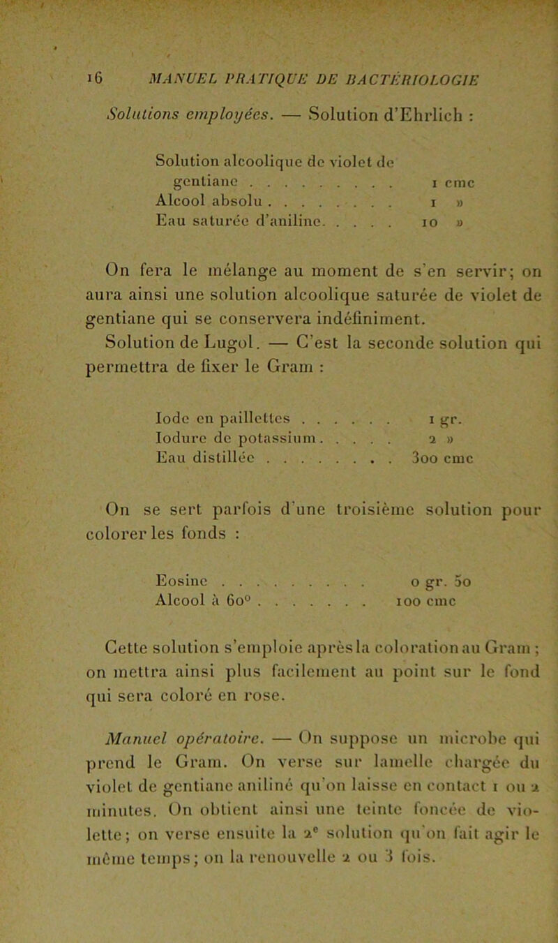 Solutions employées. — Solution d’Ehrlich : Solution alcoolique do violet de gentiane icmc Alcool absolu i » Eau saturée d’aniline lo » On fera le mélange au moment de s’en servir; on aura ainsi une solution alcoolique saturée de violet de gentiane qui se conservera indéfiniment. Solution de Lugol. — C’est la seconde solution qui permettra de fixer le Gram : Iode en paillettes i gr. lodure de potassium 2 » Eau distillée 3oo cmc On se sert parfois d’une troisième solution pour colorer les fonds : Eosine o gr. 5o Alcool à 60^* 100 cinc Cette solution s’emploie après la coloration au Gram ; on mettra ainsi plus facilement au point sur le fond qui sera coloré en rose. Manuel opératoire. — On suppose un microbe qui prend le Grain. On verse sur lamelle chargée du violet de gentiane aniliné qu’on laisse en contact t ou -x minutes. On obtient ainsi une teinte foncée de vio- lette; on verse ensuite la 2® solution <ju‘on fait agir le même temps; on la renouvelle 2 ou 3 fois.
