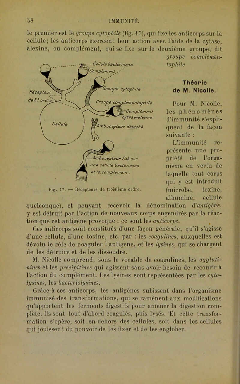 le premier est le groupe cytophile (fig. 17), qui fixe les anticorps sur la cellule; les anticorps exercent leur action avec l’aide de la cytase, alexine, ou complément, qui se fixe sur le deuxième groupe, dit groupe complémen- lophile. Théorie de M. Nicolle. Pour M. Nicolle, les phénomènes d’immunité s’expli- quent de la façon suivante : L’immunité re- présente une pro- priété de l’orga- nisme en vertu de laquelle tout corps qui y est introduit (microbe, toxine, albumine, cellule quelconque), et pouvant recevoir la dénomination d'antigène, y est détruit par l’action de nouveaux corps engendrés par la réac- tion que cet antigène provoque : ce sont les anticorps. Ces anticorps sont constitués d’une façon générale, qu’il s’agisse d’une cellule, d’une toxine, etc. par : les coagulines, auxquelles est dévolu le réle de coaguler l’antigène, et les lysines, qui se chargent de les détruire et de les dissoudre. .M. Nicolle comprend, sous le vocable de coagulines, les aggluti- nines et les précipitines qui agissent sans avoir besoin de recourir à l’action du complément. Les lysines sont représentées par les cyto- lysines, les bactériolysines. Grâce à ces anticorps, les antigènes subissent dans l’organisme immunisé des transformations, qui se ramènent aux modifications qu’apportent les ferments digestifs pour amener la digestion com- plète. Ils sont tout d’abord coagulés, puis lysés. Et cette transfor- mation s’opère, soit en dehors des cellules, soit dans les cellules qui jouissent du pouvoir de les fixer e( de les englober. Récepteur de 5 * ordreî^ —CeUu/e 6ecéér/3/y}Q Compté fn en ^^Groupe c^tophtle Groupe comptém entoph ile Complément cytese-elexme Ambocepteur détdchà —Ambocepteur fixé sur une cellule bectérîenne et le. complément, Fig. 17. — Récepteurs de troisième ordre.