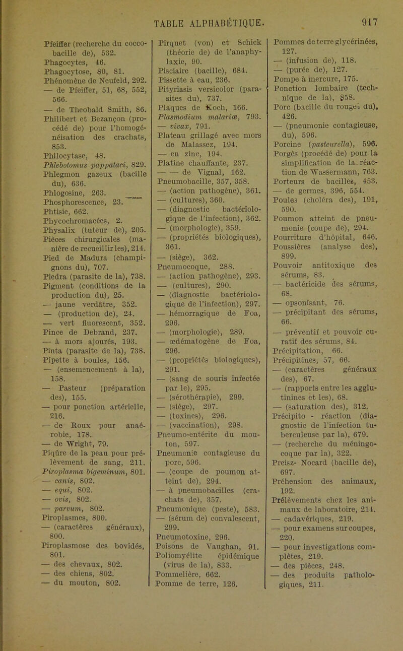 Pfeiffer (reclierche du cocco- bacille de), 532. Phagocytes, 46. Phagocytose, 80, 81. Phénomène de Keufeld, 292. — de Pfeiffer, 51, 68, 552, 566. — de Tlieohald Smith, 86. Phiiihert et Bezançon (pro- cédé de) pour i’homogé- néisation des crachats, 853. Philocytase, 48. PMebotomus pappafaci, 829. Phlegmon gazeux (bacille du), 636. Phlogosine, 263. ____ Phosphorescence, 23. Phtisie, 662. Phycochromacées, 2. Physalix (tuteur de), 205. Pièces chirurgicales (ma- nière de recueillir les), 214. Pied de Madura (champi- gnons du), 707. Piedra (parasite de la), 738. Pigment (conditions de la production du), 25. — jaune verdâtre, 352. — (production de), 24. — vert fluorescent, 352. Pince de Debrand, 237. — à mors ajourés, 193. Pinta (parasite de la), 738. Pipette à boules, 156. — (ensemencement à la), 158. — Pasteur (préparation des), 155. — pour ponction artérielle, 216. — de Houx pour anaé- robie, 178. — de 'Wright, 79. Piqûre de la peau pour pré- lèvement de sang, 211. Piroplasma bigeminum, 801. — canis, 802. — equi, 802. — ovis, 802. — parvum, 802. Piroplasmes, 800. — (caractères généraux), 800. Piroplasmose des bovidés, 801. — des chevaux, 802. — des chiens, 802. — du mouton, 802. Pirquet (von) et Schick (théorie de) de l’anaphy- laxie, 90. Pisciaire (bacille), 684. Pissette â eau, 236. Pityriasis versicolor (para- sites du), 737. Plaques de Koch, 166. Plasmodium malariæ, 793. — vivax, 791. Plateau grillagé avec mors de Malassez, 194. — en zinc, 194. Platine chauffante, 237. de 'l^ignal, 162. Pneumobacille, 357, 358. — (action pathogène), 361. — (cultures), 360. — (diagnostic bactériolo- gique de l’infection), 362. — (morphologie), 359. — (propriétés biologiques), 361. — (siège), 362. Pneumocoque, 288. — (action pathogène), 293. — (cultures), 290. — (diagnostic bactériolo- gique de l’infection), 297. — hémorragique de Foa, 296. — (morphologie), 289. — oedématogêne de Poa, 296. — (propriétés biologiques), 291. — (sang de souris infectée par le), 295. — (sérothérapie), 299. — (siège), 297. — (toxines), 296. — (vaccination), 298. Pneumo-entérite du mou- ton, 597. Pneumonie contagieuse du porc, 596. — (coupe de poumon at- teint de), 294. — à pneumobacilles (cra- chats de), 357. Pneumonique (peste), 583. — (sérum de) convalescent, 299. Pneumotoxine, 298. Poisons de 'V'aughan, 91. Poliomyélite épidémique (virus de la), 833. Pommelière, 662. Pomme de terre, 126. Pommes de terre glycérinées, 127. — (infusion de), 118. — (purée de), 127. Pompe à mercure, 175. Ponction lombaire (tech- nique de la), 858. Porc (bacille du rouget du), 426. — (pneumonie contagieuse, du), 596. Porcine {pasteurdla), 596. Porgès (procédé de) pour la simplification de la. réac- tion de Wassennann, 763. Porteurs de bacilles, 453. — de germes, 396, 554. Poules (choléra des), 191, 590. Poumon atteint de pneu- monie (coupe de), 294. Pourriture d’hôpital, 646. Poussières (analyse des), 899. Pouvoir antitoxique des sérums, 83. — bactéricide des sérums, 68. — opsonisant, 76. — précipitant des sérums, 66. — préventif et pouvoir cu- ratif des sérums, 84. Précipitation, 66. Précipitines, 57, 66. — (caractères généraux des), 67. — (rapports entre les agglu- tinines et les), 68. — (saturation des), 312. Précipite - réaction (dia- gnostic de l’infection tu- berculeuse par la), 679. — (recherche du méningo- coque par la), 322. Preisz- Nocard (bacille de), 697. Préhension des animaux, 192. Prélèvements chez les ani- maux de laboratoire, 214. — cadavériques, 219. — pour examens surcoupes, 220. — pour investigations com- plètes, 219. — des pièces, 248. — des produits patholo- giques, 211.