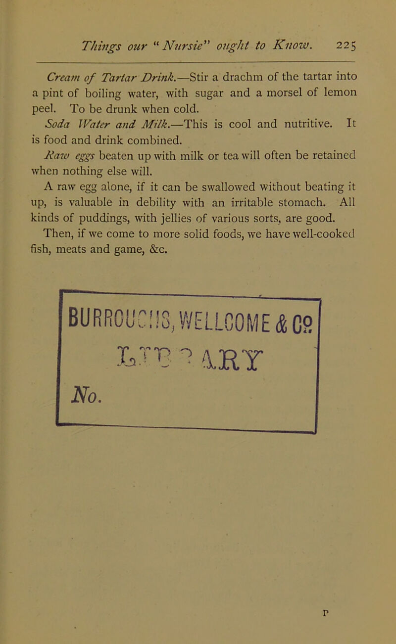 Cream of Tartar Drink.—Stir a drachm of the tartar into a pint of boiling water, with sugar and a morsel of lemon peel. To be drunk when cold. Soda Water and Milk.—This is cool and nutritive. It is food and drink combined. Raw eggs beaten up with milk or tea will often be retained when nothing else will. A raw egg alone, if it can be swallowed without beating it up, is valuable in debility with an irritable stomach. All kinds of puddings, with jellies of various sorts, are good. Then, if we come to more solid foods, we have well-cooked fish, meats and game, &c. p