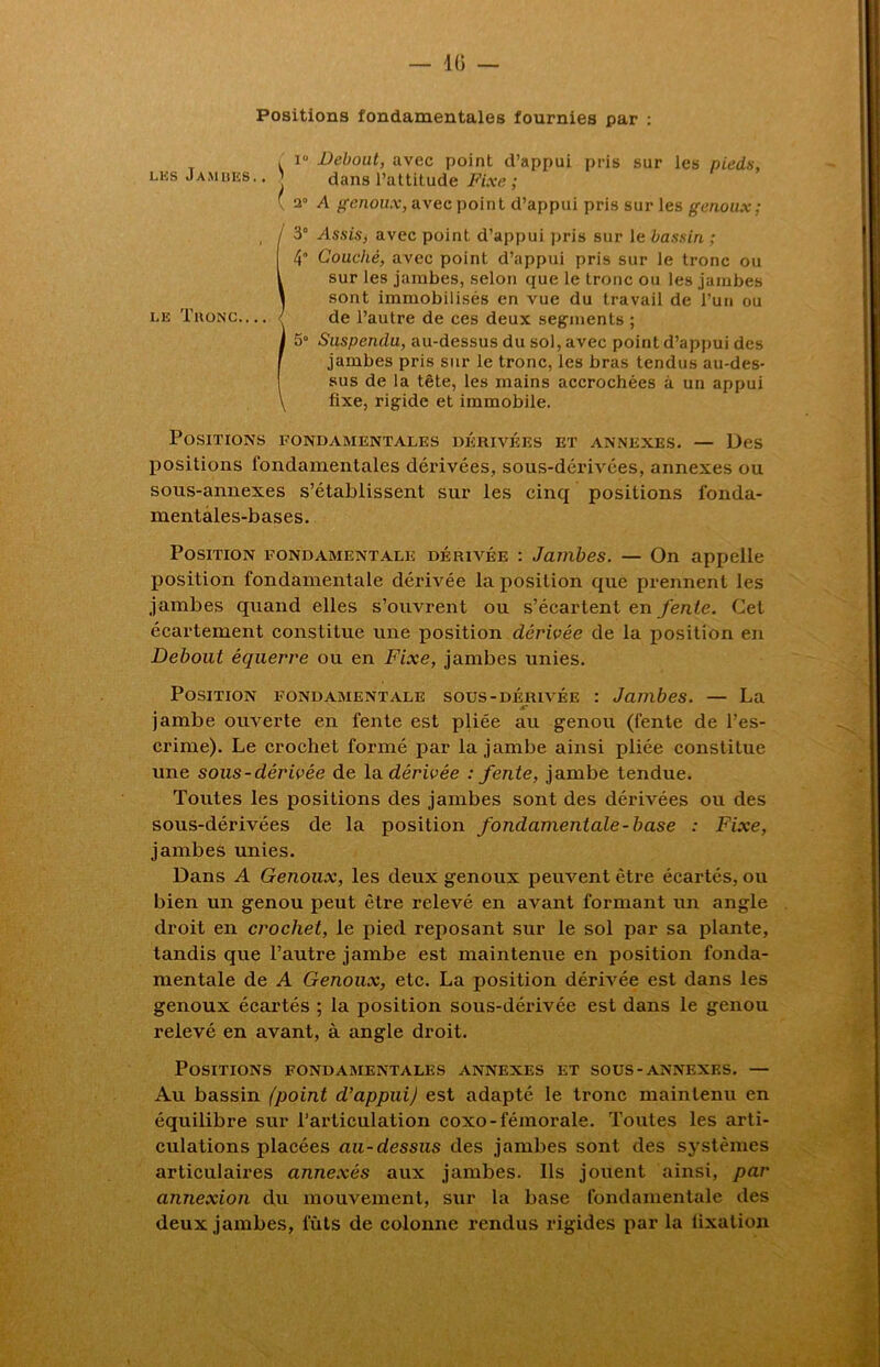 Positions fondamentales fournies par : lks Jambes. . le Thonc i Debout, avec point d’appui pris sur les pieds, dans l’attitude Fixe ; { a- A genoux, avec point d’appui pris sur les genoux; Î3° Assis, avec point d’appui pris sur le bassin ; 4° Couché, avec point d’appui pris sur le tronc ou sur les jambes, selon que le tronc ou les jambes sont immobilisés en vue du travail de l’un ou de l’autre de ces deux segments ; 5° Suspendu, au-dessus du sol, avec point d’appui des jambes pris sur le tronc, les bras tendus au-des- sus de la tête, les mains accrochées à un appui fixe, rigide et immobile. Positions fondamentales dérivées et annexes. — Des positions fondamentales dérivées, sous-dérivées, annexes ou sous-annexes s’établissent sur les cinq positions l'onda- mentàles-bases. Position fondamentale dérivée : Jambes. — On appelle position fondamentale dérivée la position que prennent les jambes quand elles s’ouvrent ou s’écartent en fente. Cet écartement constitue une position dérivée de la position en Debout équerre ou en Fixe, jambes unies. Position fondamentale sous-dérivée : Jambes. — La JT jambe ouverte en fente est pliée au genou (fente de l’es- crime). Le crochet formé par la jambe ainsi pliée constitue une sous-dérivée de la dérivée : fente, jambe tendue. Toutes les positions des jambes sont des dérivées ou des sous-dérivées de la position fondamentale-base : Fixe, jambes unies. Dans A Genoux, les deux genoux peuvent être écartés, ou bien un genou peut être relevé en avant formant un angle droit en crochet, le pied reposant sur le sol par sa plante, tandis que l’autre jambe est maintenue en position fonda- mentale de A Genoux, etc. La position dérivée est dans les genoux écartés ; la position sous-dérivée est dans le genou relevé en avant, à angle droit. Positions fondamentales annexes et sous-annexes. — Au bassin (point d’appui) est adapté le tronc maintenu en équilibre sur l’articulation coxo-fémorale. Toutes les arti- culations placées au-dessus des jambes sont des systèmes articulaires annexés aux jambes. Ils jouent ainsi, par annexion du mouvement, sur la base fondamentale des deux jambes, fûts de colonne rendus rigides par la fixation