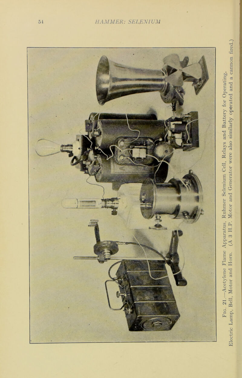 Fig. 21.—Acetylene Flame Apparatus, Ruhmer Selenium Cell, Relays and Battery for Operating. Electric Lamp, Bell, Motor and Horn. (A 3 FI.P. Motor and Generator were also similarly operated and a cannon fired.)