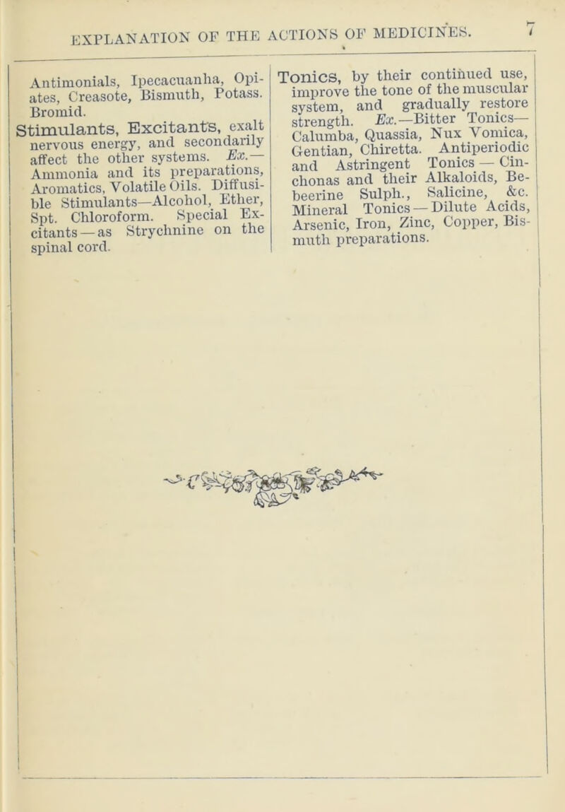 Antimonials, Ipecacuanha, Opi- ates, Creasote, Bismuth, Potass. Bromid. Stimulants, Excitants, exalt nervous energy, and secondarily affect the other systems. Ex.— Ammonia and its preparations. Aromatics, Volatile Oils. Diffusi- ble Stimulants—Alcohol, Ether, Spt. Chloroform. Special Ex- citants—as Strychnine on the spinal cord. Tonics, by their continued use, improve the tone of the muscular system, and gradually restore strength. Ex.—Bitter Tonics— Calumba, Quassia, Nux Vomica, Gentian, Chiretta. Antiperiodic and Astringent Tonics — Cin- chonas and their Alkaloids, Be- beerine Sulph., Salicine, &c. Mineral Tonics — Dilute Acids, i Arsenic, Iron, Zinc, Cojiper, Bis- . muth preparations. 1