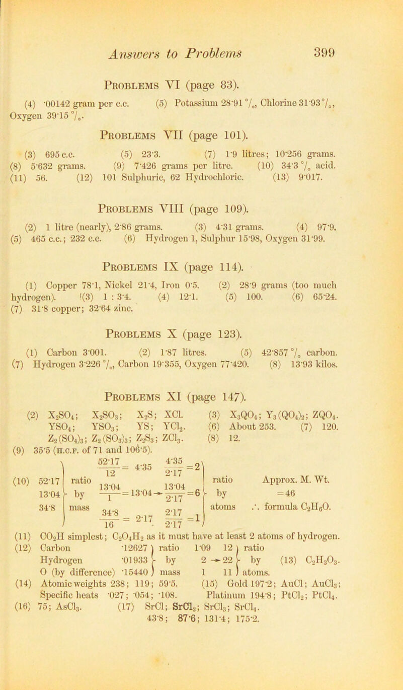 Problems VI (page 83). (4) -00142 gram per c.c. (5) Potassium 28-91 %i Chlorine31'937„, Oxygen 3915 °/o- Problems VII (page 101). (3) 695c.c. (5) 23-3. (7) 19 litres; 10-256 gi-ams. (8) 5-632 grams. (9) 7-426 gi'ams per litre. (10) 34-3 °/„ acid. (11) 56. (12) 101 Sulphuric, 62 Hydrochloric. (13) 9 017. Problems VIII (page 109). (2) 1 litre (nearly), 2-86 grams. (3) 4-31 grams. (4) 97-9. (5) 465 c.c.; 232 c.c. (6) Hydrogen 1, Sulphur 15 98, Oxygen 31-99. Problems IX (page 114). (1) Copper 78-1, Nickel 2P4, Iron 0-5. (2) 28-9 gi-ams (too much hydrogen). '(3) 1 : 3-4. (4) 12-1. (5) 100. (6) 65-24. (7) 31-8 copper; 32 64 zinc. Problems X (page 123). (1) Carbon 3-001. (2) P87 litres. (5) 42-857 7o carbon. (7) Hydrogen 3 2-26 7o) Carbon 19 355, Oxygen 77-4-20. (8) 13-93 kilos. Problems XI (page 147). (2) X2SO4; X2SO3; X2S; XCl. YSO4; YSO3; YS; YCI2. 22(804)3; 22(803)3; 2283; ZCI3. (9) 35-5 (h.c.f. of 71 and 106-5). (3) X3QO4; Yj(Q04)2; 2QO4. (6) About 253. (7) 120. (8) 12. (10) 52-17 ratio 13-04 V by 34-8 mass 52-17 12 4-35 13-04 1 34-8 16 = 1304 = 2-17 4-35 2-17 13-04 ‘2-17 2-17 2-17 = 2' = 6 - = 1 ratio by atoms Approx. M. \Vt. = 46 .-. formula C2H0O. (11) CO2H simplest; C2O4II2 as it must have at least 2 atoms of hydrogen. (12) Carbon -126-27 1 ratio 1-09 12 j 1 ratio Hydrogen -01933 ■ by 2 22  by (13) C2II3O3 0 (by difference) -15440 ) ^ mass 1 11) 1 atoms. (14) Atomic weights 238; 119; 59-5. (15) Gold 197-2; AuCl; AuCls; 8peeific heats 0-27; 054; -108. Platinum 194-8; PtCl2; PtCU. (16) 75; AsCls. (17) 8rCl; SrCl.; 8rCl3; 81-CI4. 43-8; 87-6; 131-4; 175-2.