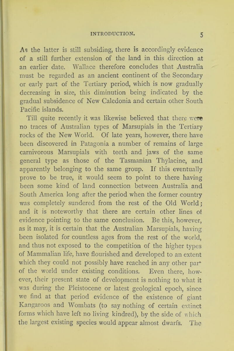 As the latter is still subsiding, there is accordingly evidence of a still further extension of the land in this direction at an earlier date. Wallace therefore concludes that Australia must be regarded as an ancient continent of the Secondary or early part of the Tertiary period, which is now gradually decreasing in size, this diminution being indicated by the gradual subsidence of New Caledonia and certain other South Pacific islands. Till quite recently it was likewise believed that there were no traces of Australian types of Marsupials in the Tertiary rocks of the New World. Of late years, however, there have been discovered in Patagonia a number of remains of large carnivorous Marsupials with teeth and jaws of the same general type as those of the Tasmanian Thylacine, and apparently belonging to the same group. If this eventually prove to be true, it would seem to point to there having been some kind of land connection between Australia and South America long after the period when the former country was completely sundered from the rest of the Old World; and it is noteworthy that there are certain other lines of evidence pointing to the same conclusion. Be this, however, as it may, it is certain that the Australian Marsupials, having been isolated for countless ages from the rest of the world, and thus not exposed to the competition of the higher types of Mammalian life, have flourished and developed to an extent which they could not possibly have reached in any other par* of the world under existing conditions. Even there, how- ever, their present state of development is nothing to what it was during the Pleistocene or latest geological epoch, since we find at that period evidence of the existence of giant Kangaroos and Wombats (to say nothing of certain extinct forms which have left no living kindred), by the side of which the largest existing species would appear almost dwarfs. The