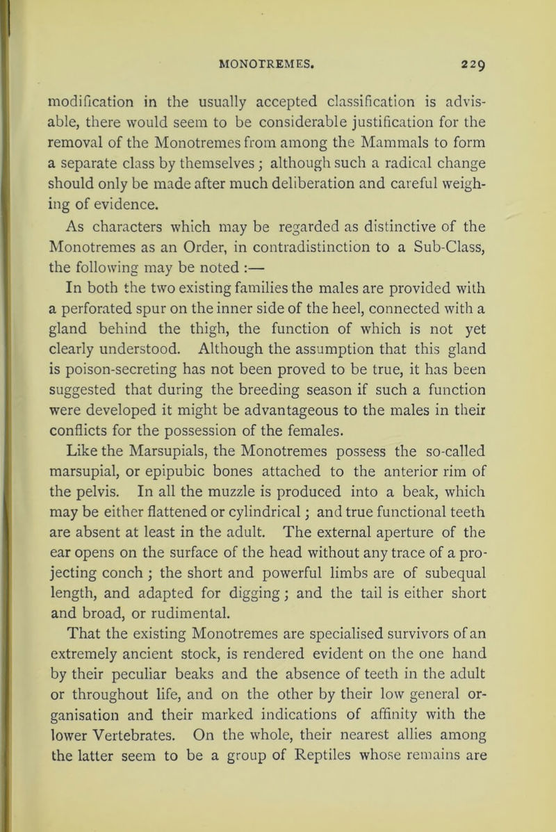 modification in the usually accepted classification is advis- able, there would seem to be considerable justification for the removal of the Monotremes from among the Mammals to form a separate class by themselves; although such a radical change should only be made after much deliberation and careful weigh- ing of evidence. As characters which may be regarded as distinctive of the Monotremes as an Order, in contradistinction to a Sub-Class, the following may be noted :— In both the two existing families the males are provided with a perforated spur on the inner side of the heel, connected with a gland behind the thigh, the function of which is not yet clearly understood. Although the assumption that this gland is poison-secreting has not been proved to be true, it has been suggested that during the breeding season if such a function were developed it might be advantageous to the males in their conflicts for the possession of the females. Like the Marsupials, the Monotremes possess the so-called marsupial, or epipubic bones attached to the anterior rim of the pelvis. In all the muzzle is produced into a beak, which may be either flattened or cylindrical; and true functional teeth are absent at least in the adult. The external aperture of the ear opens on the surface of the head without any trace of a pro- jecting conch; the short and powerful limbs are of subequal length, and adapted for digging; and the tail is either short and broad, or rudimental. That the existing Monotremes are specialised survivors of an extremely ancient stock, is rendered evident on the one hand by their peculiar beaks and the absence of teeth in the adult or throughout life, and on the other by their low general or- ganisation and their marked indications of affinity with the lower Vertebrates. On the whole, their nearest allies among the latter seem to be a group of Reptiles whose remains are