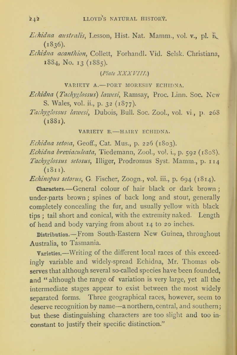 Echidna australis, Lesson, Hist. Nat. Mamm., vol. v., pi. 0836). Echidna acanthion, Collett, Forhandl. Vid. Selsk. Christiana, 1884, No. 13 (18S5). (Plate XXXVIII.) VARIETY A.—TORT MORESBY ECHIDNA. Echidna (Tachyglossus) lawesi, Ramsay, Proc. Linn. Soc. New S. Wales, vol. ii., p. 32 (1877). 7'achyglossus lawesi, Dubois, Bull. Soc. Zool., vol. vi, p. 268 (1881). VARIETY B.—HAIRY ECHIDNA. Echidna setosa, Geoff., Cat. Mus., p. 226 (1803). Echidna breviaculeata, Tiedemann, Zool., vol. i., p. 592 (1S0S). Tachyglossus setosus, Illiger, Prodromus Syst, Mamm., p. 114 (1811). Echinopus setosus, G. Fischer, Zoogn., vol. iii., p. 694 (1814). Characters.—General colour of hair black or dark brown ; under-parts brown; spines of back long and stout, generally completely concealing the fur, and usually yellow with black tips ; tail short and conical, with the extremity naked. Length of head and body varying from about 14 to 20 inches. Distribution.— From South-Eastern New Guinea, throughout Australia, to Tasmania. Varieties.—Writing of the different local races of this exceed- ingly variable and widely-spread Echidna, Mr. Thomas ob- serves that although several so-called species have been founded, and “ although the range of variation is very large, yet all the intermediate stages appear to exist between the most widely separated forms. Three geographical races, however, seem to deserve recognition by name—a northern, central, and southern; but these distinguishing characters are too slight and too in- constant to justify their specific distinction.”