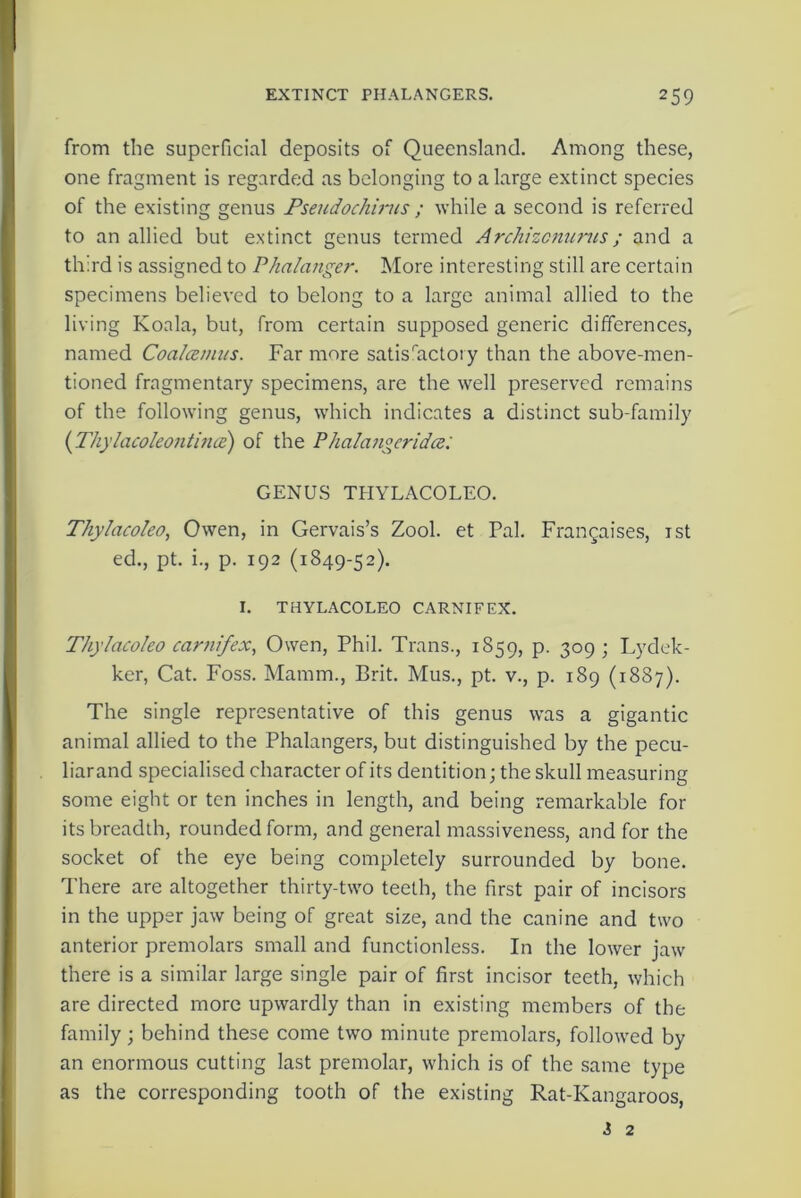 from the superficial deposits of Queensland. Among these, one fragment is regarded as belonging to a large extinct species of the existing genus Pseudochirus ; while a second is referred to an allied but extinct genus termed Archizonurus; and a third is assigned to Phalanger. More interesting still are certain specimens believed to belong to a large animal allied to the living Koala, but, from certain supposed generic differences, named Coalcemus. Far more satisfactory than the above-men- tioned fragmentary specimens, are the well preserved remains of the following genus, which indicates a distinct sub-family (Thylacoleontina) of the Phalanger id a: GENUS THYLACOLEO. Thylacoleo, Owen, in Gervais’s Zool. et Pal. Frangaises, ist ed., pt. i., p. 192 (1849-52). I. THYLACOLEO CARNIFEX. Thylacoleo carnifex, Owen, Phil. Trans., 1859, p. 309 ; Lydek- ker, Cat. Foss. Maram., Brit. Mus., pt. v., p. 189 (1887). The single representative of this genus was a gigantic animal allied to the Phalangers, but distinguished by the pecu- liar and specialised character of its dentition; the skull measuring some eight or ten inches in length, and being remarkable for its breadth, rounded form, and general massiveness, and for the socket of the eye being completely surrounded by bone. There are altogether thirty-two teeth, the first pair of incisors in the upper jaw being of great size, and the canine and two anterior premolars small and functionless. In the lower jaw there is a similar large single pair of first incisor teeth, which are directed more upwardly than in existing members of the family; behind these come two minute premolars, followed by an enormous cutting last premolar, which is of the same type as the corresponding tooth of the existing Rat-Kangaroos,