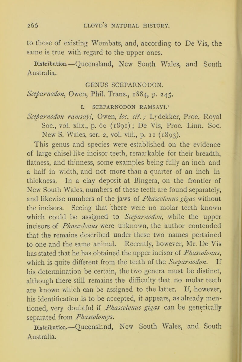 to those of existing Wombats, and, according to De Vis, the same is true with regard to the upper ones. Distribution—Queensland, New South Wales, and South Australia. GENUS SCEPARNODON. Sceparnodon^ Owen, Phil. Trans., 1SS4, p. 245. I. SCEPARNODON RAMSAYI.' Sceparnodon ramsayi, Owen, loc. cit. ; Lydekker, Proc. Royal Soc., vol. xlix., p. 60 (1891); De Vis, Proc. Linn. Soc. New S. Wales, ser. 2, vol. viii., p. 11 (1893). This genus and species were established on the evidence of large chisel-like incisor teeth, remarkable for their breadth, flatness, and thinness, some examples being fully an inch and a half in width, and not more than a quarter of an inch in thickness. In a clay deposit at Bingera, on the frontier of New South Wales, numbers of these teeth are found separately, and likewise numbers of the jaws of Phascolonus gigas without the incisors. Seeing that there were no molar teeth known which could be assigned to Sceparnodon, while the upper incisors of Phascolonus were unknown, the author contended that the remains described under these two names pertained to one and the same animal. Recently, however, Mr. De Vis has stated that he has obtained the upper incisor of Phascolonus, which is quite different from the teeth of the Sceparnodon. If his determination be certain, the two genera must be distinct, although there still remains the difficulty that no molar teeth are known which can be assigned to the latter. If, however, his identification is to be accepted, it appears, as already men- tioned, very doubtful if Phascolonus gigas can be generically separated from Phascolomys. Distribution.—Queensland, New South Wales, and South Australia.