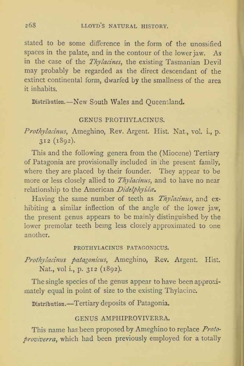 stated to be some difference in the form of the unossifled spaces in the palate, and in the contour of the lower jaw. As in the case of the Thy/acines, the existing Tasmanian Devil may probably be regarded as the direct descendant of the extinct continental form, dwarfed by the smallness of the area it inhabits. Distribution.—New South Wales and Queensland. GENUS PROTIIYLACINUS. Prothylacinus, Ameghino, Rev. Argent. Hist. Nat., vol. i., p. 312 (1892). This and the following genera from the (Miocene) Tertiary of Patagonia are provisionally included in the present family, where they are placed by their founder. They appear to be more or less closely allied to Thylacinus, and to have no near relationship to the American DiddphyiJce. Having the same number of teeth as Thylacinus, and ex- hibiting a similar inflection of the angle of the lower jaw, the present genus appears to be mainly distinguished by the lower premolar teeth being less closely approximated to one another. PROTHYLACINUS PATAGONICUS. Prothylacinus patagonicus, Ameghino, Rev. Argent. Hist. Nat., vol i., p. 312 (1892). The single species of the genus appear to have been approxi- mately equal in point of size to the existing Thylacine. Distribution.—Tertiary deposits of Patagonia. GENUS AMPHIPROVIVERRA. This name has been proposed by Ameghino to replace Profo- proviverra, which had been previously employed for a totally