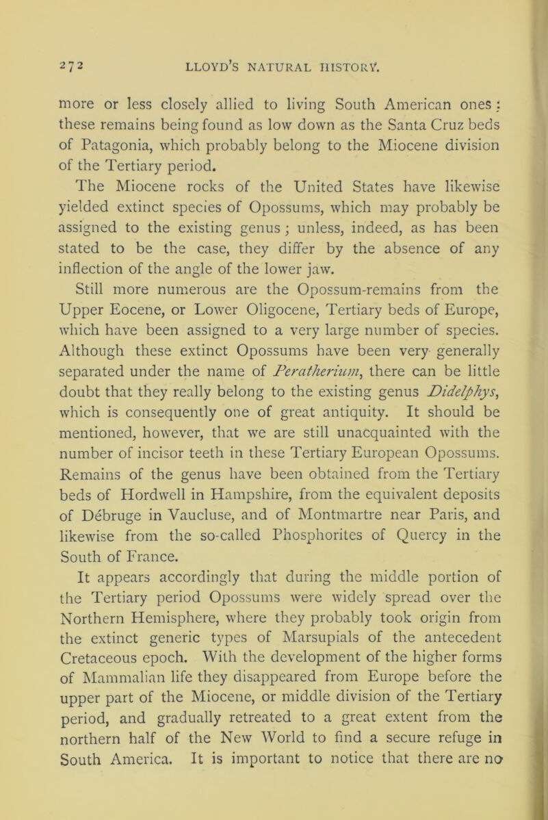 more or less closely allied to living South American ones : these remains being found as low down as the Santa Cruz beds of Patagonia, which probably belong to the Miocene division of the Tertiary period. The Miocene rocks of the United States have likewise yielded extinct species of Opossums, which may probably be assigned to the existing genus ; unless, indeed, as has been stated to be the case, they differ by the absence of any inflection of the angle of the lower jaw. Still more numerous are the Opossum-remains from the Upper Eocene, or Lower Oligocene, Tertiary beds of Europe, which have been assigned to a very large number of species. Although these extinct Opossums have been very generally separated under the name of Peratherium, there can be little doubt that they really belong to the existing genus Didelphys, which is consequently one of great antiquity. It should be mentioned, however, that we are still unacquainted with the number of incisor teeth in these Tertiary European Opossums. Remains of the genus have been obtained from the Tertiary beds of Hordwell in Hampshire, from the equivalent deposits of Debruge in Vaucluse, and of Montmartre near Paris, and likewise from the so-called Phosphorites of Quercy in the South of France. It appears accordingly that during the middle portion of the Tertiary period Opossums were widely spread over the Northern Hemisphere, where they probably took origin from the extinct generic types of Marsupials of the antecedent Cretaceous epoch. With the development of the higher forms of Mammalian life they disappeared from Europe before the upper part of the Miocene, or middle division of the Tertiary period, and gradually retreated to a great extent from the northern half of the New World to find a secure refuge in South America. It is important to notice that there are no