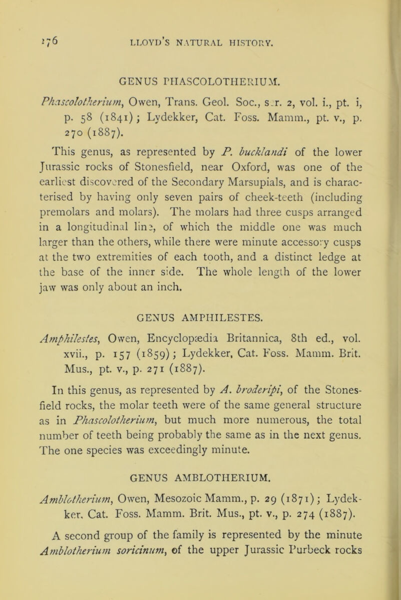 GENUS PHASCOLOTHERIUM. Phascolotherium, Owen, Trans. Geol. Soc., s_r. 2, vol. i., pt. i, p. 58 (1841); Lvdekker, Cat. Foss. Mamm., pt. v., p. 270 (1887). This genus, as represented by P. bucklandi of the lower Jurassic rocks of Stonesfield, near Oxford, was one of the earliest discovered of the Secondary Marsupials, and is charac- terised by having only seven pairs of cheek-teeth (including premolars and molars). The molars had three cusps arranged in a longitudinal line, of which the middle one was much larger than the others, while there were minute accessory cusps at the two extremities of each tooth, and a distinct ledge at the base of the inner side. The whole length of the lower jaw was only about an inch. GENUS AMPHILESTES. Amphilesles, Owen, Encyclopaedia Britannica, 8th ed., vol. xvii., p. 157 (1859); Lydekker, Cat. Foss. Mamm. Brit. Mus., pt. v., p. 271 (1887). In this genus, as represented by A. broderipi, of the Stones- field rocks, the molar teeth were of the same general structure as in Phascolotherium, but much more numerous, the total number of teeth being probably the same as in the next genus. The one species was exceedingly minute. GENUS AMBLOTHERIUM. Ambl&therium, Owen, Mesozoic Mamm., p. 29 (1871); Lydek- ker. Cat. Foss. Mamm. Brit. Mus., pt. v., p. 274 (1887). A second group of the family is represented by the minute Amblotherium soricinum, of the upper Jurassic Purbeck rocks