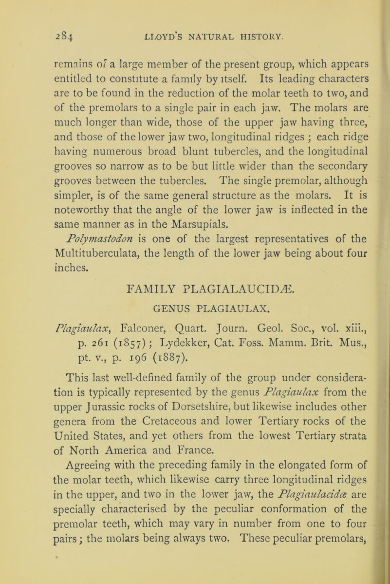 remains of a large member of the present group, which appears entitled to constitute a family by itself. Its leading characters are to be found in the reduction of the molar teeth to two, and of the premolars to a single pair in each jaw. The molars are much longer than wide, those of the upper jaw having three, and those of the lower jaw two, longitudinal ridges ; each ridge having numerous broad blunt tubercles, and the longitudinal grooves so narrow as to be but little wider than the secondary grooves between the tubercles. The single premolar, although simpler, is of the same general structure as the molars. It is noteworthy that the angle of the lower jaw is inflected in the same manner as in the Marsupials. Polymastodon is one of the largest representatives of the Multituberculata, the length of the lower jaw being about four inches. FAMILY PLAGIALAUCIDAL GENUS PLAGIAULAX. Plagiaulax, Falconer, Quart. Journ. Geol. Soc., vol. xiii., p. 261 (1857); Lydekker, Cat. Foss. Mamm. Brit. Mus., pt. v., p. 196 (1887). This last well-defined family of the group under considera- tion is typically represented by the genus Plagiaulax from the upper Jurassic rocks of Dorsetshire, but likewise includes other genera from the Cretaceous and lower Tertiary rocks of the United States, and yet others from the lowest Tertiary strata of North America and France. Agreeing with the preceding family in the elongated form of the molar teeth, which likewise carry three longitudinal ridges in the upper, and two in the lower jaw, the Plagiaulacidce are specially characterised by the peculiar conformation of the premolar teeth, which may vary in number from one to four pairs; the molars being always two. These peculiar premolars,