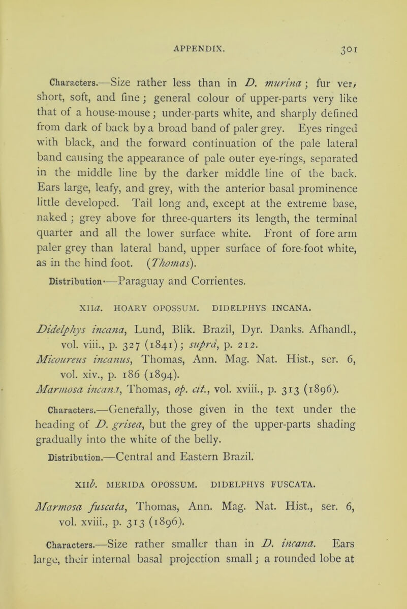 3°i Characters.—Size rather less than in D. murina ; fur ver, short, soft, and fine; general colour of upper-parts very like that of a house-mouse; under-parts white, and sharply defined from dark of back by a broad band of paler grey. Eyes ringed with black, and the forward continuation of the pale lateral band causing the appearance of pale outer eye-rings, separated in the middle line by the darker middle line of the back. Ears large, leafy, and grey, with the anterior basal prominence little developed. Tail long and, except at the extreme base, naked ; grey above for three-quarters its length, the terminal quarter and all the lower surface white. Front of fore arm paler grey than lateral band, upper surface of fore foot white, as in the hind foot. {Thomas). Distribution—Paraguay and Corrientes. XIR7. HOARY OPOSSUM. DIDELPHYS INCANA. jDidelphys incana, Lund, Blik. Brazil, Dyr. Danks. Afhandl., vol. viii., p. 327 (1841); supra, p. 212. Micoureus incanus, Thomas, Ann. Mag. Nat. Hist., ser. 6, vol. xiv., p. 186 (1894). Marmosa incan.i, Thomas, op. tit., vol. xviii., p. 313 (1896). Characters.—Generally, those given in the text under the heading of D. grisea, but the grey of the upper-parts shading gradually into the white of the belly. Distribution.—Central and Eastern Brazil. XIlA MERIDA OPOSSUM. DIDELPHYS FUSCATA. Marmosa fuscata, Thomas, Ann. Mag. Nat. Hist., ser. 6, vol. xviii., p. 313 (1896). Characters.—Size rather smaller than in D. incana. Ears large, their internal basal projection small; a rounded lobe at