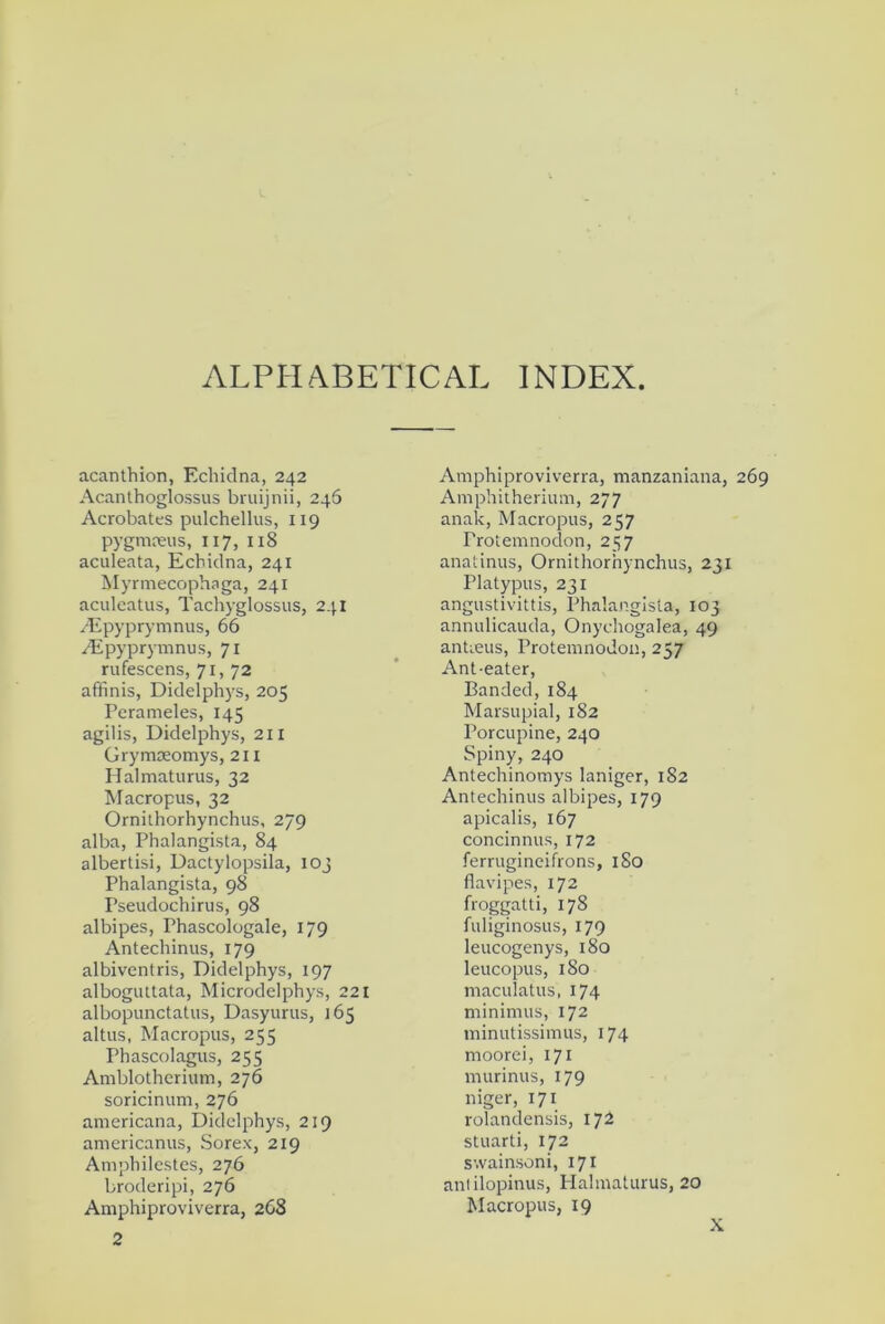 ALPHABETICAL INDEX. acanthion, Echidna, 242 Acanthoglossus bruijnii, 246 Acrobates pulchellus, 119 pygmaeus, 117, 118 aculeata, Echidna, 241 Myrmecophaga, 241 aculcatus, Tachyglossus, 241 Aipyprymnus, 66 ASpyprymnus, 71 rufescens, 71, 72 afifinis, Didelphys, 205 Perameles, 145 agilis, Didelphys, 211 Grymseomys, 211 Halmaturus, 32 Macropus, 32 Ornithorhynchus, 279 alba, Phalangista, 84 albertisi, Dactylopsila, 103 Phalangista, 98 Pseudochirus, 98 albipes, Phascologale, 179 Antechinus, 179 albiventris, Didelphys, 197 alboguttata, Microdelphys, 221 albopunctatus, Dasyurus, 165 altus, Macropus, 255 Phascolagus, 255 Amblotherium, 276 soricinum, 276 americana, Didelphys, 219 americanus, Sorex, 219 Amphilestes, 276 broderipi, 276 Amphiproviverra, 268 2 Amphiproviverra, manzaniana, 269 Amphitherium, 277 anak, Macropus, 257 Protemnodon, 257 anatinus, Ornithorhynchus, 231 Platypus, 231 angustivittis, Phalangista, 103 annulicauda, Onychogalea, 49 antieus, Protemnodon, 257 Ant-eater, Banded, 184 Marsupial, 182 Porcupine, 240 Spiny, 240 Antechinomys laniger, 1S2 Antechinus albipes, 179 apicalis, 167 concinnus, 172 ferrugineifrons, 180 flavipes, 172 froggatti, 178 fuliginosus, 179 leucogenys, 180 leucopus, 180 maculatus, 174 minimus, 172 minutissimus, 174 moorei, 171 murinus, 179 niger, 171 rolandensis, 172 stuarti, 172 s'.vainsoni, 171 antilopinus, Halmaturus, 20 Macropus, 19 X