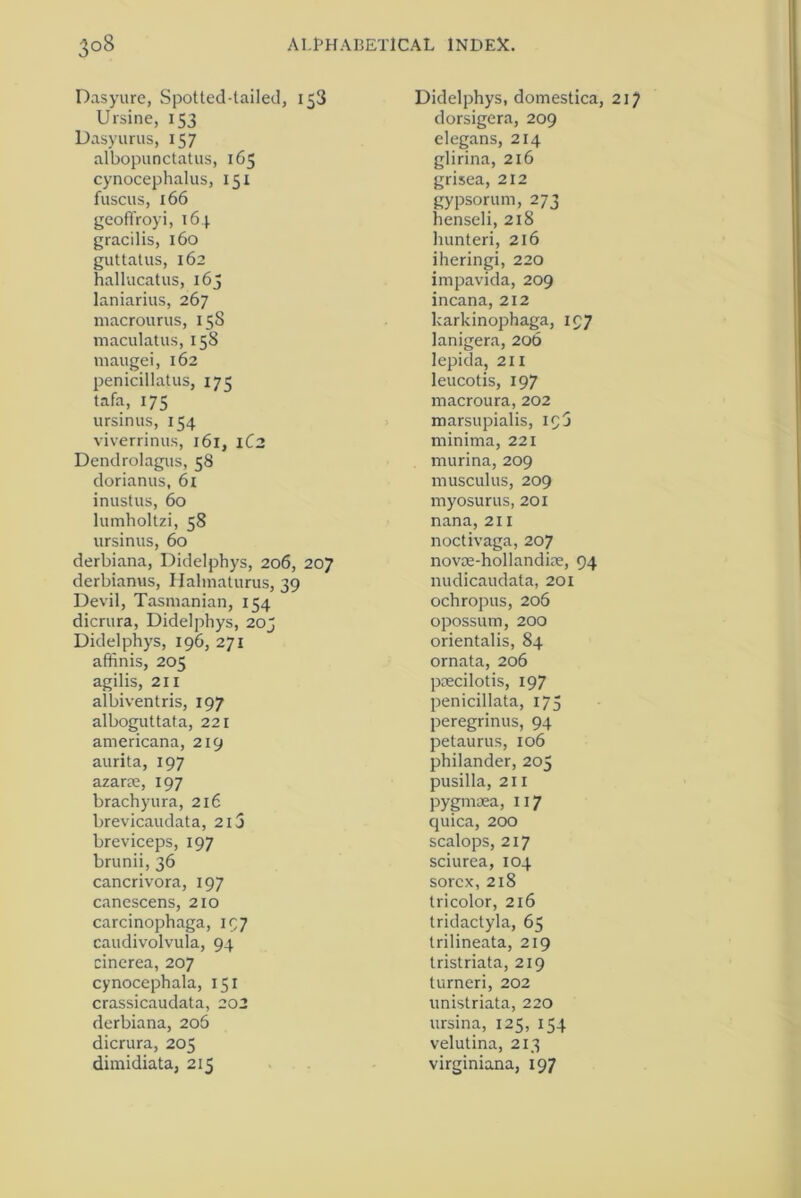 Dasyure, Spotted-tailed, 153 Ursine, 153 Dasyurus, 157 albopunctatus, 165 cynocephalus, 151 fuscus, 166 geoffroyi, 164 gracilis, 160 guttatus, 162 hallucatus, 163 laniarius, 267 macrourus, 158 maculatus, 158 maugei, 162 penicillatus, 175 tafa, 175 ursinus, 154 viverrinus, 161, 1C2 Dendrolagus, 58 dorianus, 6i inustus, 60 lumholtzi, 58 ursinus, 60 derbiana, Didelphys, 206, 207 derbianus, Halmaturus, 39 Devil, Tasmanian, 154 dicrura, Didelphys, 203 Didelphys, 196, 271 affinis, 205 agilis, 211 albiventris, 197 alboguttata, 221 americana, 219 aurita, 197 azane, 197 brachyura, 216 brevicaudata, 215 breviceps, 197 brunii, 36 cancrivora, 197 canescens, 210 carcinophaga, 197 caudivolvula, 94 cinerea, 207 cynocephala, 151 crassicaudata, 202 derbiana, 206 dicrura, 205 dimidiata, 215 Didelphys, domestica, 217 dorsigera, 209 elegans, 214 glirina, 216 grisea, 212 gypsorum, 273 henseli, 218 luinteri, 216 iheringi, 220 impavida, 209 incana, 212 karkinophaga, 197 lanigera, 206 lepida, 211 leucotis, 197 macroura, 202 marsupialis, 19 j minima, 221 murina, 209 musculus, 209 myosurus, 201 nana, 211 noctivaga, 207 novoe-hollandise, 94 nudicaudata, 201 ochropus, 206 opossum, 200 orientalis, 84 ornata, 206 psecilotis, 197 penicillata, 175 peregrinus, 94 petaurus, 106 philander, 205 pusilla, 211 pygmsea, 117 quica, 200 scalops, 217 sciurea, 104 sorcx, 218 tricolor, 216 tridactyla, 65 trilineata, 219 tristriata, 219 turneri, 202 unistriata, 220 ursina, 125, 154 velutina, 213 virginiana, 197