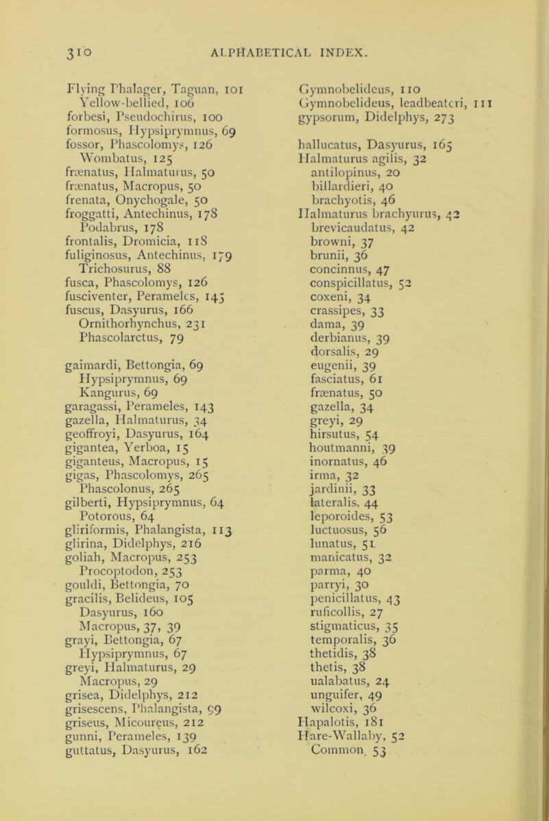 Flying Thalager, Taguan, ioi Yellow-bellied, 106 forbesi, Fseudochirus, ioo formosus, Hypsiprymnus, 69 fossor, Phascolomys, 126 Wombatus, 125 frcenatus, Macropus, 50 froggatti, Antechinus, 178 Podabrus, 178 frontalis, Dromicia, 11S fuliginosus, Antechinus, 179 Trichosurus, 88 fusca, Phascolomys, 126 fusciventer, Peramelcs, 145 fuscus, Dasyurus, 166 Ornithorhynchus, 231 Phascolarctus, 79 gaimardi, Bettongia, 69 Hypsiprymnus, 69 garagassi, Perameles, 143 gazella, Halmaturus, 34 geoffroyi, Dasyurus, 164 gigantea, Yerboa, 15 giganteus, Macropus, 15 gigas, Phascolomys, 265 Phascolonus, 265 gilberti, Hypsiprymnus, 64 Potorous, 64 gliriformis, Phalangista, 113 glirina, Didelphys, 216 goliah, Macropus, 253 Procoptodon, 253 gouldi, Bettongia, 70 gracilis, Belideus, 105 Dasyurus, 160 Macropus, 37, 39 grayi, Bettongia, 67 Hypsiprymnus, 67 greyi, Halmaturus, 29 Macropus, 29 grisea, Didelphys, 212 grisescens, Phalangista, 99 gunni, Perameles, 139 guttatus, Dasyurus, 162 Gymnobelideus, no Gymnobelideus, leadbeatcri, m gypsorum, Didelphys, 273 hallucatus, Dasyurus, 16 Halmaturus agilis, 32 billardieri, 40 Halmaturus brachyurus, 42 brevicaudatus, 42 browni, 37 brunii, 36 concinnus, 47 conspicillatus, 52 coxeni, 34 crassipes, 33 dama, 39 derbianus, 39 dorsalis, 29 eugenii, 39 fasciatus, 61 gazella, 34 greyi, 29 hirsutus, 54 houtmanni, 39 inornatus, 46 irma, 32 jardinii, 33 lateralis, 44 leporoides, 53 luctuosus, 56 lunatus, 51. manicatus, 32 parma, 40 parryi, 30 penicillatus, 43 ruficollis, 27 stigmaticus, 35 temporalis, 36 thetidis, 38 thetis, 38 ualabatus, 24 unguifer, 49 wilcoxi, 36 Hare-Wallaby, 52 Common, 53 C/i