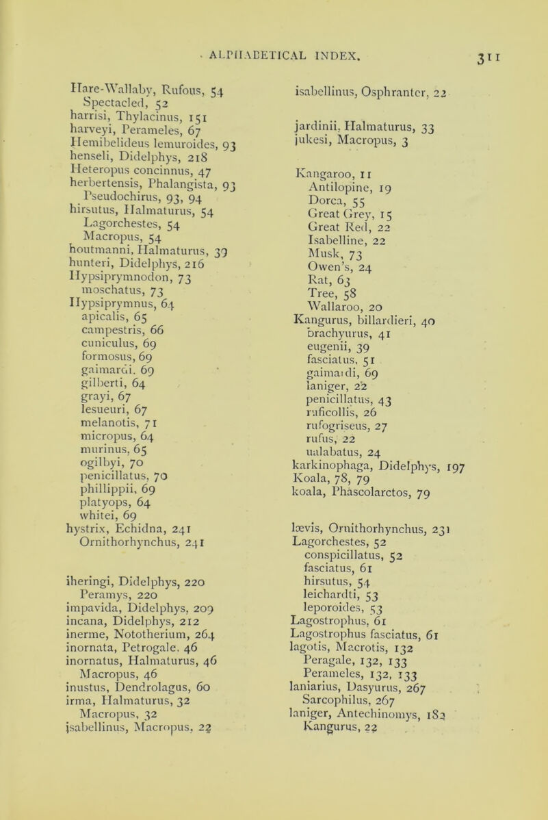 3Ir Hare-Wallaby, Rufous, 54 Spectacled, 52 harrisi, Thylacinus, 151 harveyi, Perameles, 67 Hemibelideus lemuroides, 93 henseli, Didelphys, 218 Heteropus concinnus, 47 herbertensis, Phalangista, 93 Pseudochirus, 93, 94 hirsutus, Halmaturus, 54 Lagorchestes, 54 Macropus, 54 houtmanni, Halmaturus, 39 hunteri, Didelphys, 216 Hypsiprymnodon, 73 moschatus, 73 Ilypsiprymnus, 64 apicalis, 65 campestris, 66 cuniculus, 69 formosus, 69 gaimarcii. 69 gilberti, 64 grayi, 67 lesueuri, 67 melanotis, 71 micropus, 64 murinus, 65 ogilbyi, 70 penicillatus, 70 phillippii, 69 platyops, 64 whitei, 69 hystrix, Echidna, 241 Ornithorhynchus, 241 iheringi, Didelphys, 220 Peramys, 220 impavida, Didelphys, 209 incana, Didelphys, 212 inerme, Nototherium, 264 inornata, Petrogale, 46 inornatus, Halmaturus, 46 Macropus, 46 inustus, Dendrolagus, 60 irma, Halmaturus, 32 Macropus, 32 isabellinus, Macropus, 2? isabellinus, Osphrantcr, 22 jardinii, Halmaturus, 33 jukesi, Macropus, 3 Kangaroo, 11 Antilopine, 19 Dorca, 55 Great Grey, 15 Great Reel, 22 Isabelline, 22 Musk, 73 Owen’s, 24 Rat, 63 Tree, 58 Wallaroo, 20 Kangurus, billardieri, 40 brachyurus, 41 eugenii, 39 fasciatus, 51 gaimaidi, 69 laniger, 2'2 penicillatus, 43 rvificollis, 26 rufogriseus, 27 rufus, 22 ualabatus, 24 karkinophaga, Didelphys, 197 Koala, 78, 79 koala, Phascolarctos, 79 loevis, Ornithorhynchus, 231 Lagorchestes, 52 conspicillatus, 52 fasciatus, 61 hirsutus, 54 leichardti, 53 leporoides, 53 Lagostrophus, 61 Lagostrophus fasciatus, 61 lagotis, Macrotis, 132 Peragale, 132, 133 Perameles, 132, 133 laniarius, Dasyurus, 267 Sarcophilus, 267 laniger, Antechinomys, 182 Kangurus, 22