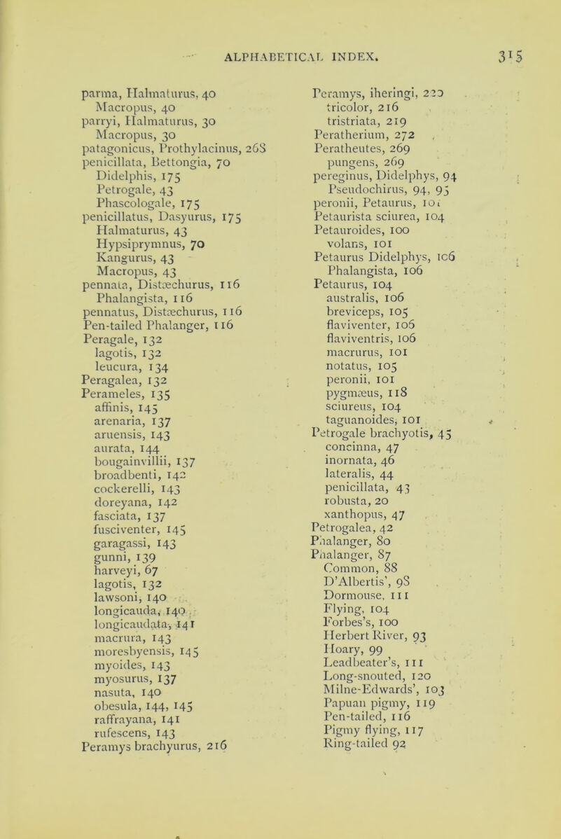 parma, Halmaturus, 40 Macropus, 40 parryi, Halmaturus, 30 Macropus, 30 patagonicus, Prothylacintis, 268 penicillata, Bettongia, 70 Didelphis, 175 Pctrogale, 43 Phascologale, 175 penicillatus, Dasyurus, 175 Halmaturus, 43 Hypsiprymnus, 70 Kangurus, 43 Macropus, 43 pennain, Distcechurus, 116 Phalangista, 116 pennatus, Distmchurus, 116 Pen-tailed Phalanger, 116 Peragale, 132 lagotis, 132 leucura, 134 Peragalea, 132 Perameles, 135 affinis, 145 arenaria, 137 aruensis, 143 aurata, 144 bougainvillii, 137 broadbenti, 142 cockerelli, 143 doreyana, 142 fasciata, 137 fusciventer, 145 garagassi, 143 gunni, 139 harveyi, 67 lagotis, 132 lawsoni, 140 longicauda, 140 longicaudata-, 141 macrura, 143 moresbyensis, 145 myoides, 143 myosurus, 137 nasuta, 140 obesula, 144, 145 raffrayana, 141 rufescens, 143 Peramys brachyurus, 216 Fcramys, iheringi, 220 tricolor, 216 tristriata, 219 Peratherium, 272 Peratheutes, 269 pungens, 269 pereginus, Didelphys, 94 Pseudochirus, 94, 93 peronii, Petaurus, 101 Petaurista sciurea, 104 Petauroides, 100 volans, 101 Petaurus Didelphys, ic6 Phalangista, 106 Petaurus, 104 australis, 106 breviceps, 105 flaviventer, io5 flaviventris, 106 macrurus, 101 notatus, 105 peronii, 101 pygmceus, 118 sciureus, 104 taguanoides, 101 Petrogale brachyotis, 45 concinna, 47 inornata, 46 lateralis, 44 penicillata, 43 robusta, 20 xanthopus, 47 Petrogalea, 42 Phalanger, 80 Phalanger, 87 Common, 88 D’Albertis’, 9S Dormouse, 111 Flying, 104 Forbes’s, 100 Herbert River, 93 Hoary, 99 Leadbeater’s, 111 Long-snouted, 120 Milne-Ed wards’, 103 Papuan pigmy, 119 Pen-tailed, 116 Pigmy flying, 117 Ring-tailed 92