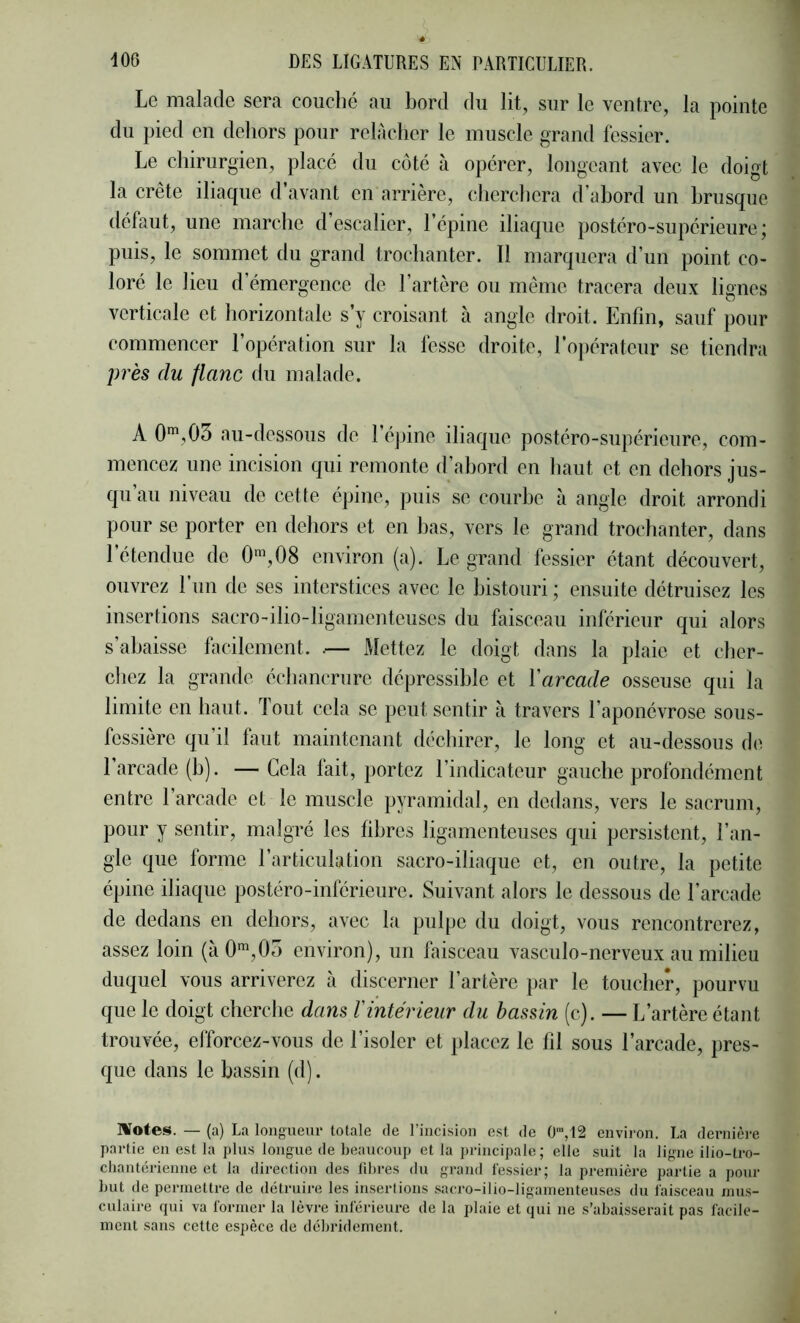 Le malade sera couché au bord du lit, sur le ventre, la pointe du pied en dehors pour relâcher le muscle grand fessier. Le chirurgien, placé du coté à opérer, longeant avec le doigt la crête iliaque d’avant en arrière, (‘herchera d’abord un brusque défaut, une marche d escalier, l’épine diaque postéro-siipérieure ; puis, le sommet du grand trochanter. Il marquera d’un point co- loré le lieu d’émergence de l’artère ou même tracera deux lignes verticale et horizontale s’y croisant à angle droit. Enfin, sauf pour commencer l’opération sur la fesse droite, l’opérateur se tiendra près du flanc du malade. A 0‘^,03 au-dessous de 1 éjiine iliaque postéro-supéricure, com- mencez une incision qui remonte d’abord en haut et en dehors jus- qu au niveau de cette épine, puis se courbe à angle droit arrondi pour se porter en dehors et en bas, vers le grand trochanter, dans 1 étendue de 0™,08 environ (a). Le grand fessier étant découvert, ouvrez l’iin de ses interstices avec le bistouri ; ensuite détruisez les insertions sacro-ilio-ligamenteuses du faisceau inférieur qui alors s’abaisse facilement. .— Mettez le doigt dans la plaie et cher- cliez la grande échancrure dépressihle et Varcade osseuse qui la limite en haut. Tout cela se peut sentir à travers l’aponévrose sous- fessière qu’il faut maintenant déchirer, le long et au-dessous de 1 arcade (b). — Gela lait, portez l’indicateur gauche profondément entre l’arcade et le muscle pyramidal, en dedans, vers le sacrum, pour y sentir, malgré les fibres ligamenteuses qui persistent, l’an- gle que forme rarticulation sacro-iliaque et, en outre, la petite épine iliaque postéro-inférieure. Suivant alors le dessous de l’arcade de dedans en dehors, avec la pulpe du doigt, vous rencontrerez, assez loin (àO'^,05 environ), un faisceau vasculo-ncrveux au milieu duquel vous arriverez à discerner l’artère jiar le toucher, pourvu que le doigt cherche dans Vintérieur du bassin (c). — L’artère étant trouvée, elforcez-vous de l’isoler et placez le fil sous l’arcade, pres- que dans le bassin (d). IVotes. — (a) La longueur totale de l’incision est de O',12 environ. La derniè)‘e partie en est la plus longue de beaucoup et la i)rincipale; elle suit la ligne ilio-tro- chantérienne et la direction des libres du grand fessier; la première partie a pour but de permettre de détruire les insertions sacro-ilio-ligamenteuses du faisceau mus- culaire qui va former la lèvre inférieure de la plaie et qui ne s’abaisserait pas facile- ment sans cette espèce de débridement.