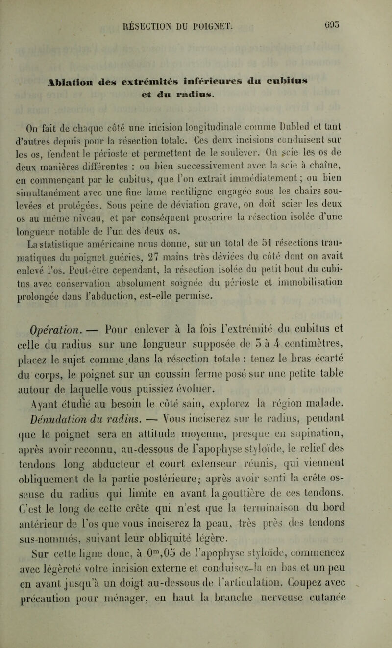 Ablation des extrémités inférieures du cubitus et du radius. On fait de chaque coté une incision longitudinale comme Dubled et tant d’autres depuis pour la résection totale. Ces deux incisions conduisent sur les os, fendent le périoste et permettent de le soulever. On scie les os do deux manières différentes : ou bien successivement avec la scie à chaîne, en commençant par le cubitus, que l’on extrait immédiatement; ou bien simultanément avec une fine lame rectiligne engagée sous les chairs sou- levées et protégées. Sous peine de déviation grave, on doit scier les deux os au même niveau, et par conséquent proscrire la résection isolée d’une longueur notable de l’un des deux os. O , La statistique américaine nous donne, sur un total de 51 résections trau- matiques du poignet guéries, 27 mains très déviées du côté dont on avait enlevé l’os. Peut-être cependant, la résection isolée du petit bout du cubi- tus avec conservation absolument soignée du périoste et immobilisation prolongée dans l’abduction, est-elle permise. Opération. — Pour enlever ii la fois l’extréinité du cubitus et celle du radius sur une longueur supposée de o à 4 centimètres, placez le sujet comme.dans la résection totale : tenez le bras écarté du corps, le poignet sur un coussin ferme posé sur une petite table autour de laquelle vous puissiez évoluer. Ayant étudié au besoin le coté sain, explorez la région malade. Dénudation du radins. — Vous inciserez sur le radius, pendant que le poignet sera en attitude moyenne, presque en supination, après avoir reconnu, au-dessous de l’apophyse styloïde, le relief des tendons long abducteur et court extenseur réunis, qui viennent obliquement de la partie postérieure; après avoir senti la crête os- seuse du radius qui limite en avant la gouttière de ces tendons. C’est le long de cette crête qui n’est que la terminaison du bord antérieur de l’os ({ue vous inciserez la peau, très près des tendons sus-nommés, suivant leur obliquité légère. Sur cette ligne donc, à 0',05 de l’apophyse styloïde, commencez avec légèreté votre incision externe et coïKluisez-la en bas et un peu en avant jus([u’à un doigt au-dessous de rarticulation. Coupez avec précaution pour ménager, en haut la branche nerveuse cutanée