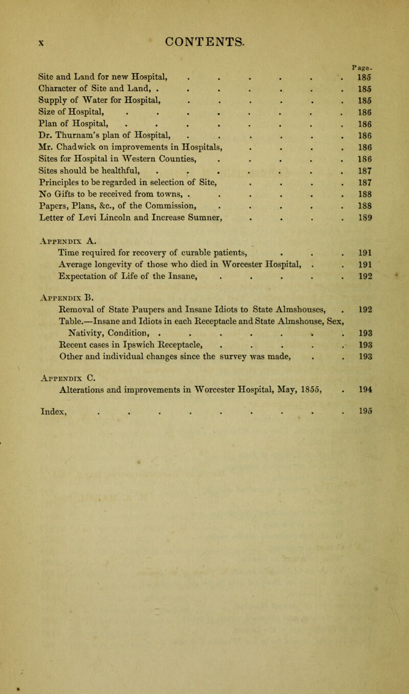Page. Site and Land for new Hospital, . . . . . .185 Character of Site and Land, ....... 185 Supply of Water for Hospital, ...... 185 Size of Hospital, ........ 186 Plan of Hospital, ........ 186 Dr. Thurnam’s plan of Hospital, . . . . . .186 Mr. Chadwick on improvements in Hospitals, .... 186 Sites for Hospital in Western Counties, . . . . .186 Sites should be healthful, ....... 187 Principles to be regarded in selection of Site, .... 187 No Gifts to be received from towns, ...... 188 Papers, Plans, &c., of the Commission, ..... 188 Letter of Levi Lincoln and Increase Sumner, .... 189 Appendix A. Time required for recovery of curable patients, . . . 191 Average longevity of those who died in Worcester Hospital, . . 191 Expectation of Life of the Insane, ..... 192 Appendix B. Removal of State Paupers and Insane Idiots to State Almshouses, . 192 Table.—Insane and Idiots in each Receptacle and State Almshouse, Sex, Nativity, Condition, ....... 193 Recent cases in Ipswich Receptacle, ..... 193 Other and individual changes since the survey was made, . . 193 Appendix C. Alterations and improvements in Worcester Hospital, May, 1855, . 194 Index, ......... 195