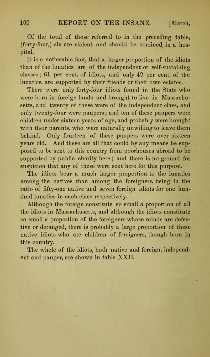 Of the total of those referred to in the preceding table, (forty-four,) six are violent and should be confined in a hos- pital. It is a noticeable fact, that a larger proportion of the idiots than of the lunatics are of the independent or self-sustaining classes; 61 per cent, of idiots, and only 42 per cent, of the lunatics, are supported by their friends or their own estates. There were only forty-four idiots found in the State who were born in foreign lands and brought to live in Massachu- setts, and twenty of these were of the independent class, and only twenty-four were paupers; and ten of these paupers were children under sixteen years of age, and probably were brought with their parents, who were naturally unwilling to leave them behind. Only fourteen of these paupers were over sixteen years old. And these are all that could by any means be sup- posed to be sent to this country from poorhouses abroad to be supported by public charity here; and there is no ground for suspicion that any of these were sent here for this purpose. The idiots bear a much larger proportion to the lunatics among the natives than among the foreigners, being in the ratio of fifty-one native and seven foreign idiots for one hun- dred lunatics in each class respectively. Although the foreign constitute so small a proportion of all the idiots in Massachusetts, and although the idiots constitute so small a proportion of the foreigners whose minds are defec- tive or deranged, there is probably a large proportion of these native idiots who are children of foreigners, though born in this country. The whole of the idiots, both native and foreign, independ- ent and pauper, are shown in table XXII.