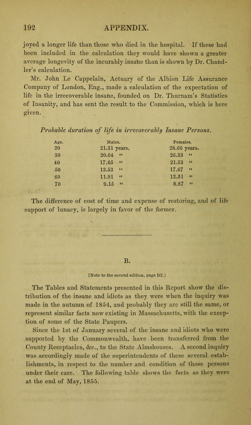 joyed a longer life than those who died in the hospital. If these had been included in the calculation they would have shown a greater average longevity of the incurably insane than is shown by Dr. Chand- ler’s calculation. Mr. John Le Cappelain, Actuary of the Albion Life Assurance Company of London, Eng., made a calculation of the expectation of life in the irrecoverable insane, founded on Dr. Thurnam’s Statistics of Insanity, and has sent the result to the Commission, which is here given. Probable duration of life in irrecoverably Insane Persons. Age. Males. Females. 20 21.31 years. 28.66 years. 30 20.64 “ 26.33 “ 40 17.65 “ 21.53 “ 50 13.53 “ 17.67 “ 60 11.91 “ 12.51 “ 70 9.15 “ 8.87 “ The difference of cost of time and expense of restoring, and of life support of lunacy, is largely in favor of the former. B. [Note to the second edition, page 167.] The Tables and Statements presented in this Report show the dis- tribution of the insane and idiots as they were when the inquiry was made in the autumn of 1854, and probably they are still the same, or represent similar facts now existing in Massachusetts, with the excep- tion of some of the State Paupers. Since the 1st of January several of the insane and idiots who were supported by the Commonwealth, have been transferred from the County Receptacles, &c., to the State Almshouses. A second inquiry was accordingly made of the superintendents of these several estab- lishments, in respect to the number and condition of those persons under their care. The following table shows the facts as they were at the end of May, 1855.