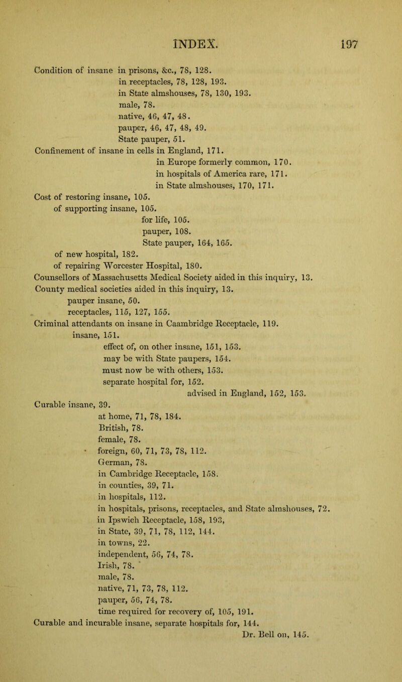Condition of insane in prisons, &c., 78, 128. in receptacles, 78, 128, 193. in State almshouses, 78, 130, 193. male, 78. native, 46, 47, 48. pauper, 46, 47, 48, 49. State pauper, 51. Confinement of insane in cells in England, 171. in Europe formerly common, 170. in hospitals of America rare, 171. in State almshouses, 170, 171. Cost of restoring insane, 105. of supporting insane, 105. for life, 105. pauper, 108. State pauper, 164, 165. of new hospital, 182. of repairing Worcester Hospital, 180. Counsellors of Massachusetts Medical Society aided in this inquiry, 13. County medical societies aided in this inquiry, 13. pauper insane, 50. receptacles, 115, 127, 155. Criminal attendants on insane in Caambridge Receptacle, 119. insane, 151. effect of, on other insane, 151, 153. may be with State paupers, 154. must now be with others, 153. separate hospital for, 152. advised in England, 152, 153. Curable insane, 39. at home, 71, 78, 184. British, 78. female, 78. • foreign, 60, 71, 73, 78, 112. German, 78. in Cambridge Receptacle, 158. in counties, 39, 71. in hospitals, 112. in hospitals, prisons, receptacles, and State almshouses, 72. in Ipswich Receptacle, 158, 193, in State, 39, 71, 78, 112, 144. in towns, 22. independent, 56, 74, 78. Irish, 78. ' male, 78. native, 71, 73, 78, 112. pauper, 56, 74, 78. time required for recovery of, 105, 191. Curable and incurable insane, separate hospitals for, 144. Dr. Bell on, 145.
