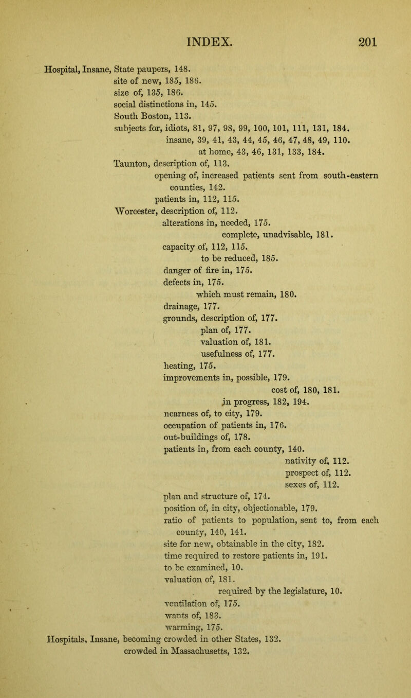 Hospital, Insane, State paupers, 148. site of new, 185, 186. size of, 135, 186. social distinctions in, 145. South Boston, 113. subjects for, idiots, 81, 97, 98, 99, 100, 101, 111, 131, 184. insane, 39, 41, 43, 44, 45, 46, 47, 48, 49, 110. at home, 43, 46, 131, 133, 184. Taunton, description of, 113. opening of, increased patients sent from south-eastern counties, 142. patients in, 112, 115. Worcester, description of, 112. alterations in, needed, 175. complete, unadvisable, 181. capacity of, 112, 115. to be reduced, 185. danger of fire in, 175. defects in, 175. which must remain, 180. drainage, 177. grounds, description of, 177. plan of, 177. valuation of, 181. usefulness of, 177. heating, 175. improvements in, possible, 179. cost of, 180, 181. jn progress, 182, 194. nearness of, to city, 179. occupation of patients in, 176. out-buildings of, 178. patients in, from each county, 140. nativity of, 112. prospect of, 112. sexes of, 112. plan and structure of, 174. position of, in city, objectionable, 179. ratio of patients to population, sent to, from each county, 140, 141. site for new, obtainable in the city, 182. time required to restore patients in, 191. to be examined, 10. valuation of, 181. required by the legislature, 10. ventilation of, 175. wants of, 183. warming, 175. Hospitals, Insane, becoming crowded in other States, 132. crowded in Massachusetts, 132.