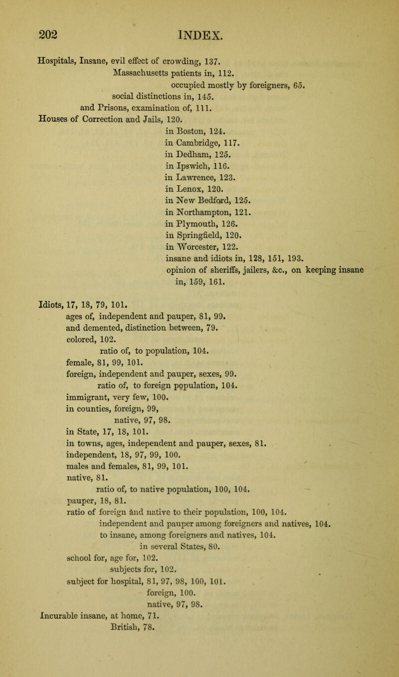 Hospitals, Insane, evil effect of crowding, 137. Massachusetts patients in, 112. occupied mostly by foreigners, 65. social distinctions in, 145. and Prisons, examination of, 111. Houses of Correction and Jails, 120. in Boston, 124. in Cambridge, 117. in Dedham, 125. in Ipswich, 116. in Lawrence, 123. in Lenox, 120. in New Bedford, 125. in Northampton, 121. in Plymouth, 126. in Springfield, 120. in Worcester, 122. insane and idiots in, 128, 151, 193. opinion of sheriffs, jailers, &c., on keeping insane in, 159, 161. Idiots, 17, 18, 79, 101. ages of, independent and pauper, 81, 99. and demented, distinction between, 79. colored, 102. ratio of, to population, 104. female, 81, 99, 101. foreign, independent and pauper, sexes, 99. ratio of, to foreign population, 104. immigrant, very few, 100. in counties, foreign, 99, native, 97, 98. in State, 17, 18, 101. in towns, ages, independent and pauper, sexes, 81. independent, 18, 97, 99, 100. males and females, 81, 99, 101. native, 81. ratio of, to native population, 100, 104. pauper, 18, 81. ratio of foreign and native to their population, 100, 104. independent and pauper among foreigners and natives, 104. to insane, among foreigners and natives, 104. in several States, 80. school for, age for, 102. subjects for, 102. subject for hospital, 81, 97, 98, 100, 101. foreign, 100. native, 97, 98. Incurable insane, at home, 71. British, 78.