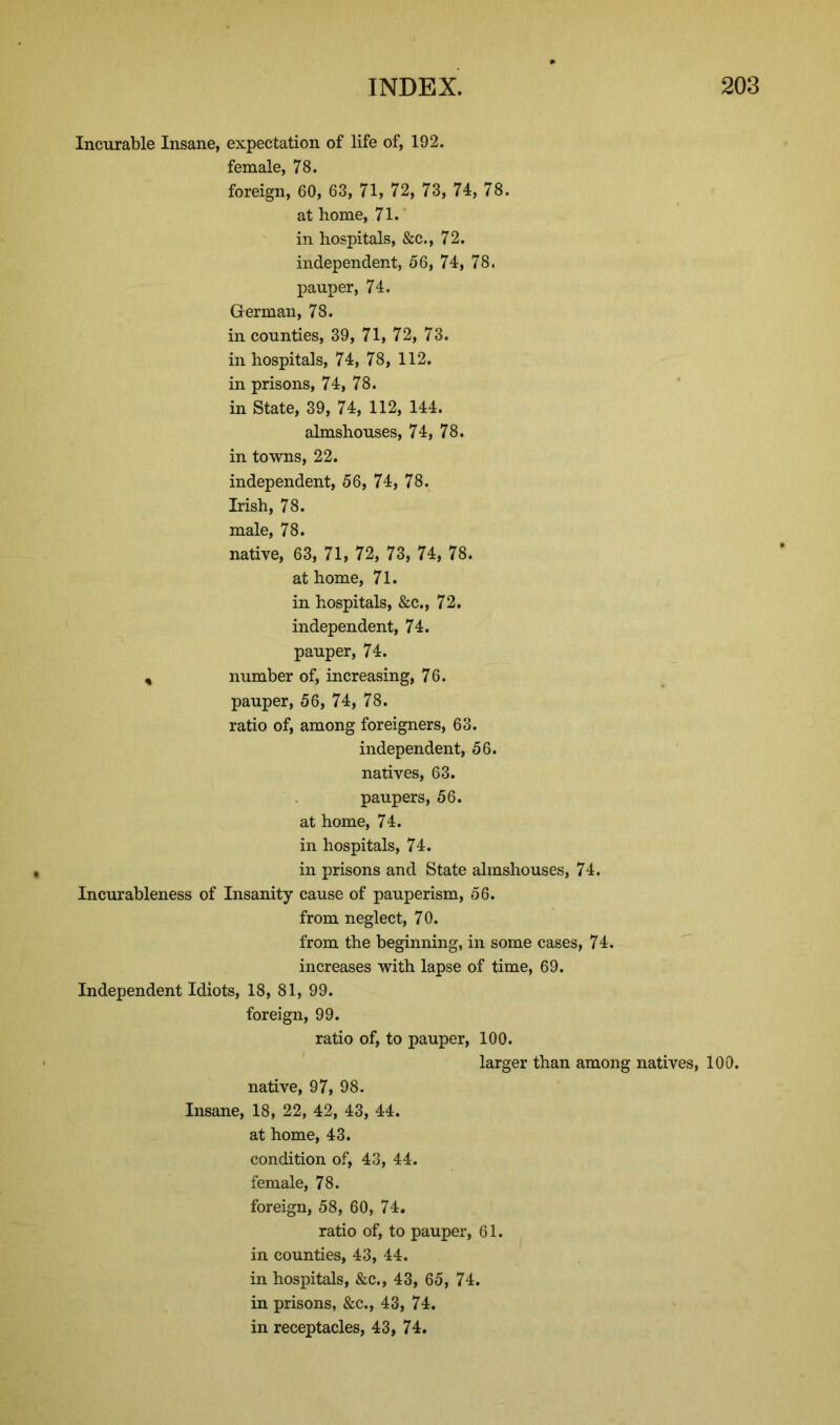 Incurable Insane, expectation of life of, 192. female, 78. foreign, 60, 63, 71, 72, 73, 74, 78. at home, 71. in hospitals, &c., 72. independent, 56, 74, 78. pauper, 74. German, 78. in counties, 39, 71, 72, 73. in hospitals, 74, 78, 112. in prisons, 74, 78. in State, 39, 74, 112, 144. almshouses, 74, 78. in towns, 22. independent, 56, 74, 78. Irish, 78. male, 78. native, 63, 71, 72, 73, 74, 78. at home, 71. in hospitals, &c., 72. independent, 74. pauper, 74. % number of, increasing, 76. pauper, 56, 74, 78. ratio of, among foreigners, 63. independent, 56. natives, 63. paupers, 56. at home, 74. in hospitals, 74. in prisons and State almshouses, 74. Incurableness of Insanity cause of pauperism, 56. from neglect, 70. from the beginning, in some cases, 74. increases with lapse of time, 69. Independent Idiots, 18, 81, 99. foreign, 99. ratio of, to pauper, 100. larger than among natives, 100. native, 97, 98. Insane, 18, 22, 42, 43, 44. at home, 43. condition of, 43, 44. female, 78. foreign, 58, 60, 74. ratio of, to pauper, 61. in counties, 43, 44. in hospitals, &c., 43, 65, 74. in prisons, &c., 43, 74. in receptacles, 43, 74.