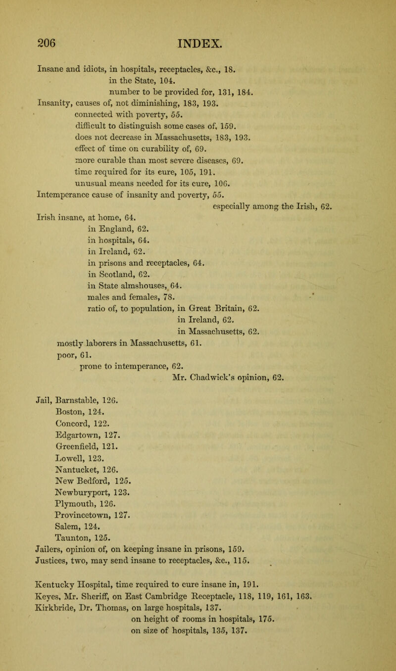 Insane and idiots, in hospitals, receptacles, &c., 18. in the State, 104. number to be provided for, 131, 184. Insanity, causes of, not diminishing, 183, 193. connected with poverty, 55. difficult to distinguish some cases of, 159. does not decrease in Massachusetts, 183, 193. effect of time on curability of, 69. more curable than most severe diseases, 69. time required for its eure, 105, 191. unusual means needed for its cure, 106. Intemperance cause of insanity and poverty, 55. especially among the Irish, 62. Irish insane, at home, 64. in England, 62. in hospitals, 64. in Ireland, 62. in prisons and receptacles, 64. in Scotland, 62. in State almshouses, 64. males and females, 78. ratio of, to population, in Great Britain, 62. in Ireland, 62. in Massachusetts, 62. mostly laborers in Massachusetts, 61. poor, 61. prone to intemperance, 62. Mr. Chadwick’s opinion, 62. Jail, Barnstable, 126. Boston, 124. Concord, 122. Edgartown, 127. Greenfield, 121. Lowell, 123. Nantucket, 126. New Bedford, 125. Newburyport, 123. Plymouth, 126. Provincetown, 127. Salem, 124. Taunton, 125. Jailers, opinion of, on keeping insane in prisons, 159. Justices, two, may send insane to receptacles, &c., 115. Kentucky Hospital, time required to cure insane in, 191. Keyes, Mr. Sheriff, on East Cambridge Receptacle, 118, 119, 161, 163. Kirkbride, Dr. Thomas, on large hospitals, 137. on height of rooms in hospitals, 175. on size of hospitals, 135, 137.