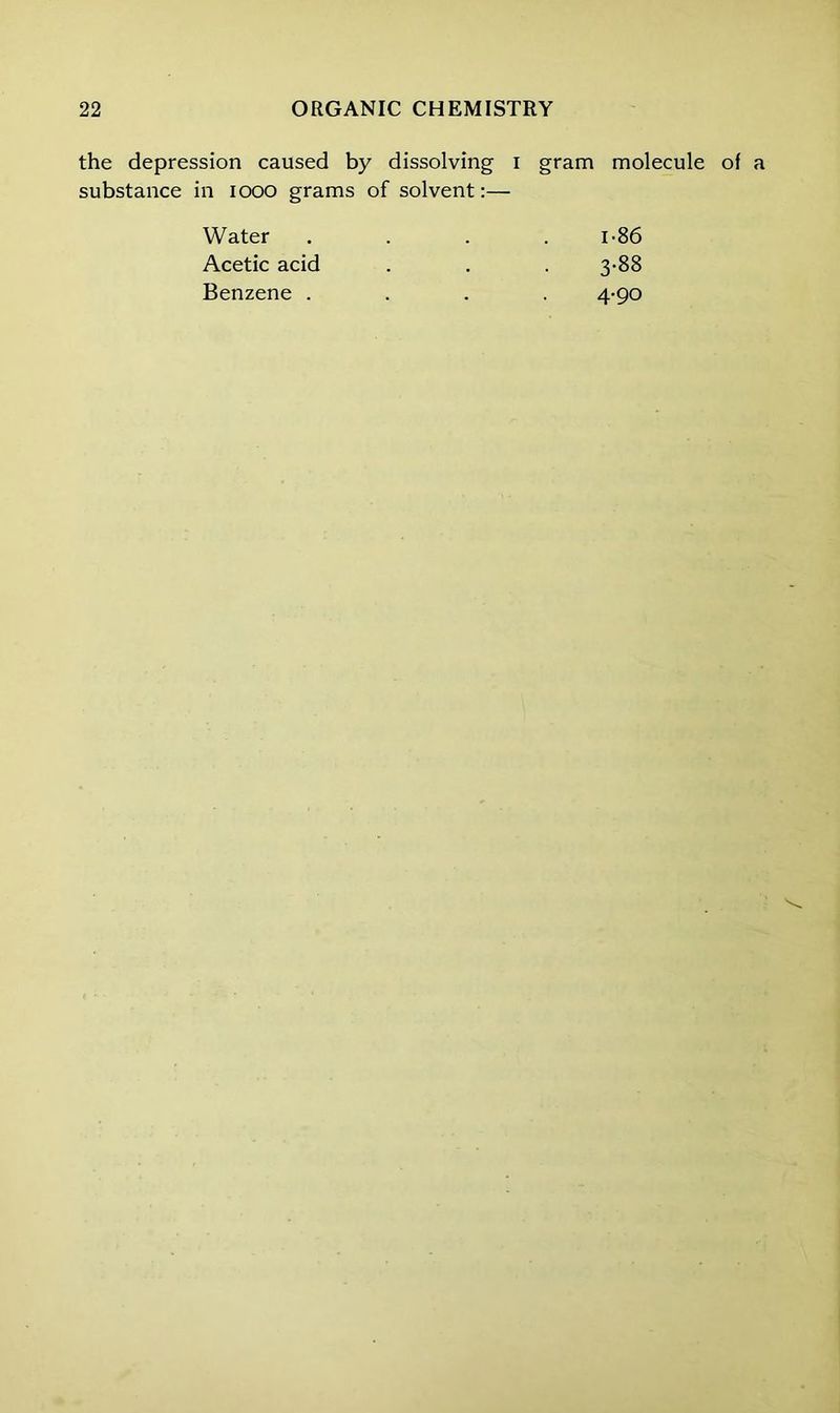 the depression caused by dissolving I gram molecule of substance in 1000 grams of solvent:— Water i-86 Acetic acid 3-88 Benzene . 4-90