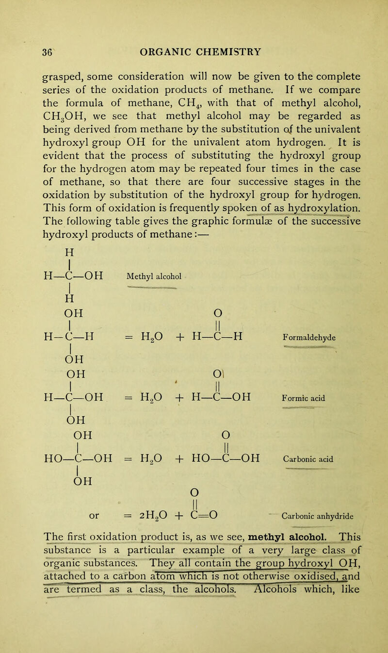 grasped, some consideration will now be given to the complete series of the oxidation products of methane. If we compare the formula of methane, CH4, with that of methyl alcohol, CH3OH, we see that methyl alcohol may be regarded as being derived from methane by the substitution of the univalent hydroxyl group OH for the univalent atom hydrogen. It is evident that the process of substituting the hydroxyl group for the hydrogen atom may be repeated four times in the case of methane, so that there are four successive stages in the oxidation by substitution of the hydroxyl group for hydrogen. This form of oxidation is frequently spoken of as hydroxylation. The following table gives the graphic formulae of the successive hydroxyl products of methane :— H I H—C—OH Methyl alc< I H OH I H-C—H = H20 I OH OH I H—C—OH = H90 I OH OH I HO—C—OH = H20 I OH or - 2H20 The first oxidation product is, as we see, methyl alcohol. This substance is a particular example of a very large class of organic substances. They all contain the group hydroxyl OH. attached to a carbon afom which is not otherwise oxidised, and are termed as a class, the alcohols. Alcohols which, like O II + H—C—H Formaldehyde 01 II + H—C—OH Formic acid o II + HO—C—OH Carbonic acid o + C=0 Carbonic anhydride