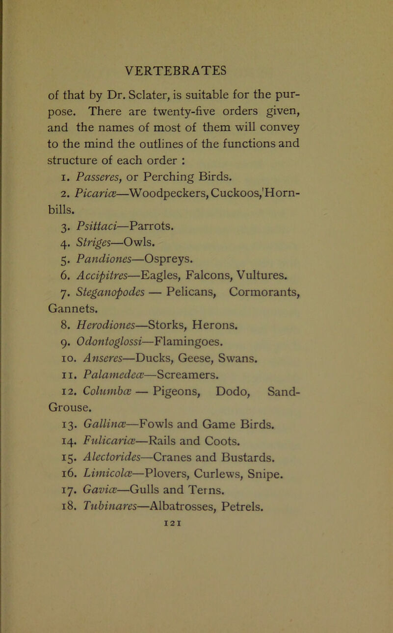 of that by Dr. Sclater, is suitable for the pur- pose. There are twenty-five orders given, and the names of most of them will convey to the mind the outlines of the functions and structure of each order : 1. PassereSf or Perching Birds. 2. Picarice—Woodpeckers, Cuckoos,'Horn- bills. 3. Psittaci—Parrots. 4. Striges—Owls. 5. Pandiones—Ospreys. 6. Accipitres—Eagles, Falcons, Vultures. 7. Steganopodes — Pelicans, Cormorants, Gannets. 8. Herodiones—Storks, Herons. 9. Odontoglossi—Flamingoes. 10. Anseres—Ducks, Geese, Swans. 11. Palamedccc—Screamers. 12. ColumbcE — Pigeons, Dodo, Sand- Grouse. 13. Gallincc—Fowls and Game Birds. 14. Fidicarice—Rails and Coots. 15. Alectorides—Cranes and Bustards. 16. Limicolce—Plovers, Curlews, Snipe. 17. Gavicc—Gulls and Terns. 18. Tubinares—Albatrosses, Petrels.