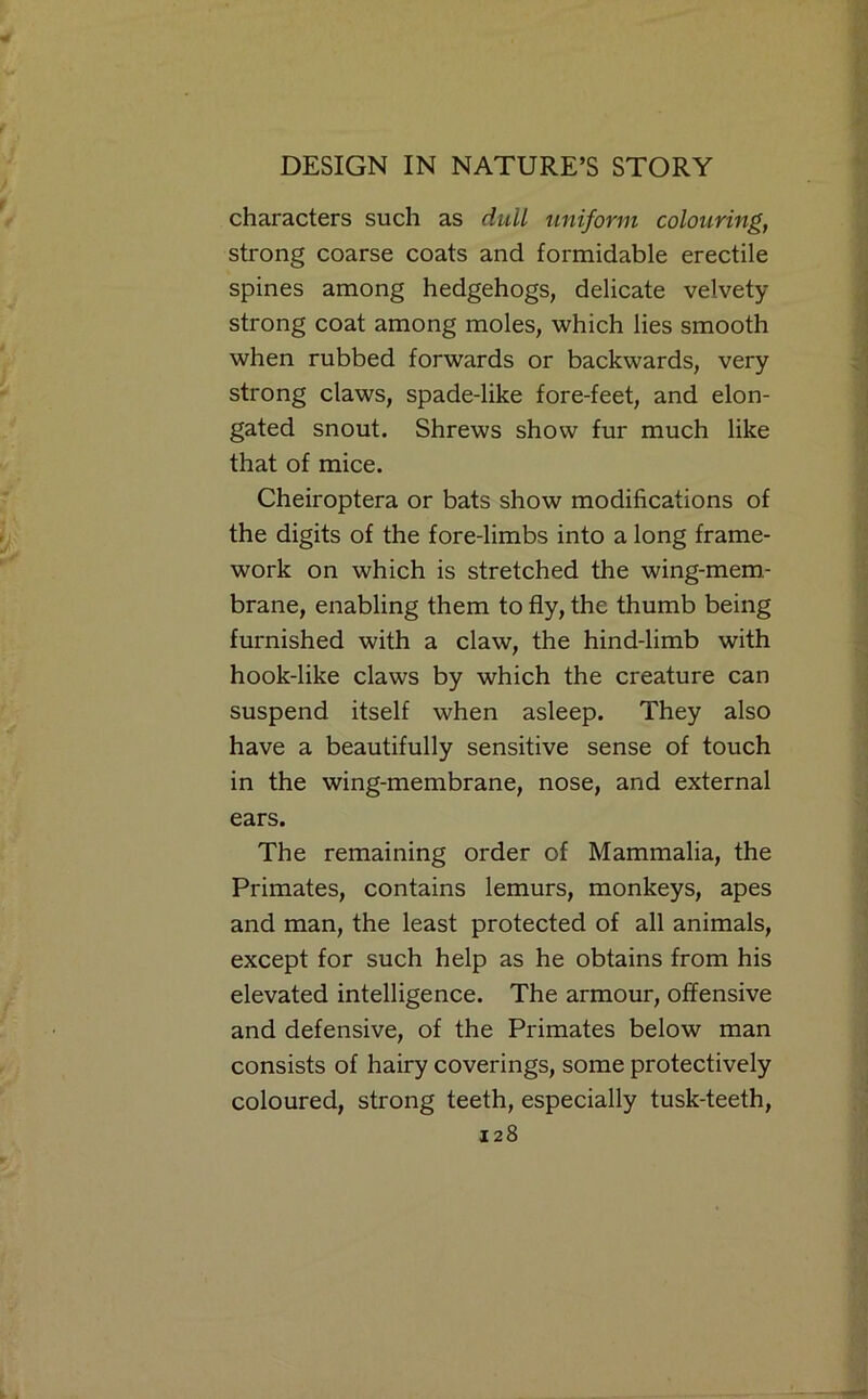 characters such as dull uniform colouring, strong coarse coats and formidable erectile spines among hedgehogs, delicate velvety strong coat among moles, which lies smooth when rubbed forwards or backwards, very strong claws, spade-like fore-feet, and elon- gated snout. Shrews show fur much like that of mice. Cheiroptera or bats show modifications of the digits of the fore-limbs into a long frame- work on which is stretched the wing-mem- brane, enabling them to fly, the thumb being furnished with a claw, the hind-limb with hook-like claws by which the creature can suspend itself when asleep. They also have a beautifully sensitive sense of touch in the wing-membrane, nose, and external ears. The remaining order of Mammalia, the Primates, contains lemurs, monkeys, apes and man, the least protected of all animals, except for such help as he obtains from his elevated intelligence. The armour, offensive and defensive, of the Primates below man consists of hairy coverings, some protectively coloured, strong teeth, especially tusk-teeth,