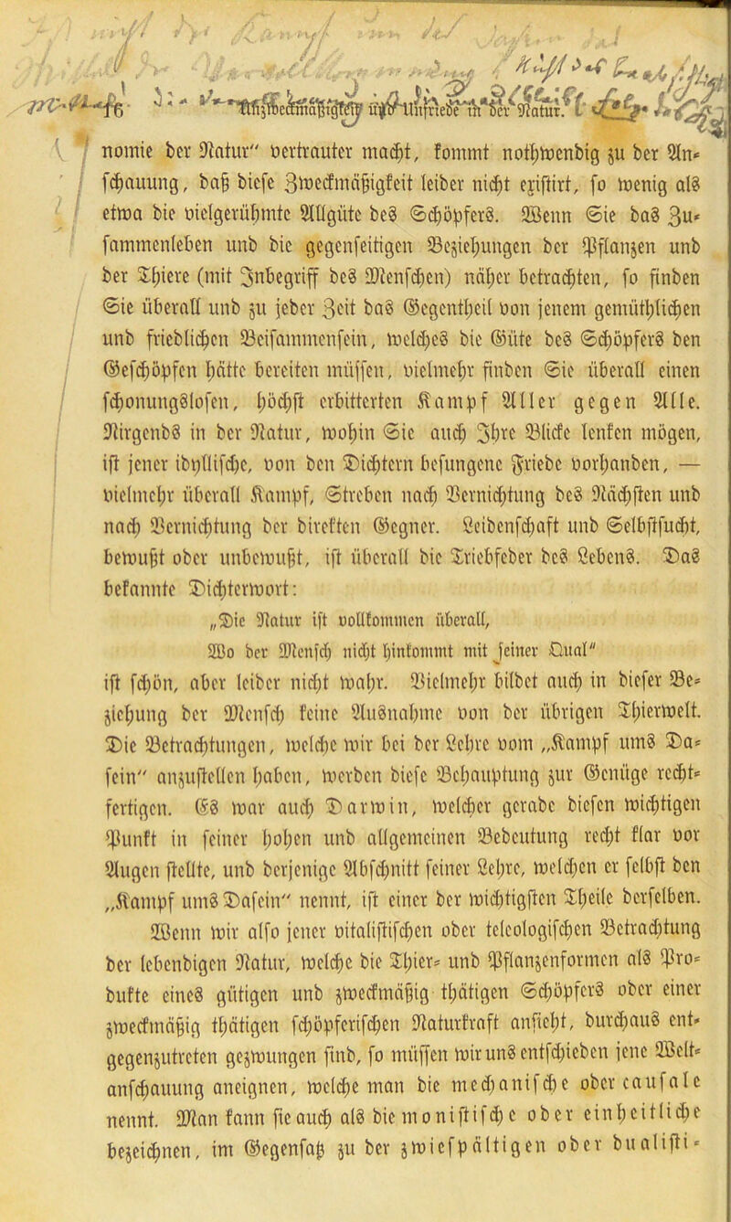 I Ä' , / V* 3.:. /■ : ! I t-fi 3/ * u jf^nfmbTttflcr^ftatulf t vf * lff« nonüe bcr Statur oertrauter macht, fommt not^tüenbig ju ber 2ln* fchauung, ba§ bicfc 3toe<fmä§igfeit leiber nicht ejiftirt, fo fertig al8 etma bie oiclgerübmte 2lügüte be8 ©dföfifcrS. 2Benn ©ie ba8 3U* fammenleben unb bic gegenfeitigen ^Beziehungen bcr Pflanzen unb ber Spiere (mit Inbegriff be8 Vtenfchen) nätjcr betrauten, fo finben ©ie überall unb ju jeber 3<üt ba8 ©cgentbcil oon jenem gemütlichen unb fricblichcn Veifammenfein, meld)e8 bic @üte beS ©chöpferS ben ©efeppfen hätte bereiten müffen, oielmcbr finben ©ie überall einen fd)onung8lofen, l)öd;ji erbitterten Stampf 21 Iler gegen 21 Ile. SiirgenbS in bcr Statur, motjin ©ic and; 3htc Vlicfc lenfen mögen, ift jener ibt)llifd)c, oon ben Dichtern befungene ftriebc oorl;nnbcn, — oielmchr überall Stampf, ©treben nach Vernichtung bc8 Städ;ffen unb nach Vernidftung ber bireften ©egner. Öeibenfdjaft unb ©elbfifucbt, bemüht ober unbcmuftt, ift überall bie Sriebfeber bc8 Seben8. DaS befannte Dichtermort: „®ic Statur ift uoütommcn überall, 2Bo ber ÜDlenfcf) nicht Ijintommt mit feiner Qual ift fd;ön, aber leiber nicht mal;r. Vielmehr bilbet and; in biefer 23c* jicljung ber SDtenfd) feine 2lu8nal)mc oon ber übrigen $l)iermelt. Die ^Betrachtungen, melche mir bei bcr ßcl;re oom „Stampf um8 Da* fein anjuftetlcn haben, merben bicfc ^Behauptung jur ©enüge recht* fertigen. (58 mar auch Darm in, mcldier gerabc biefen midpigen fftunft in feiner hohen unb allgemeinen Vebcutung recht flar oor 2lugen fiellte, unb berjenige 2lbfd)nitt feiner Sehre, melden er felbft ben „Stampf um8 Dafein nennt, ift einer ber mid)tigften Simile berfclben. Söettn mir alfo jener oitaliftifchcn ober teleologifctjen Vctrad)tung ber lebenbigen Statur, melche bie Zl)kx* unb Vflanzenformen al8 Vro* bufte eines gütigen unb jmedmäfjig tl;ätigen ©d;öpfcr8 ober einer zmeefmeipig thätigen fd;öpferifchen Staturfraft anficht, burdjauS ent* gegenzutreten gejmungen ftnb, fo müffen mir un8 entfliehen jene 2öelt* anfehauung aneignen, melche man bie medfanifebe obercaufalc nennt. iDtan fann ftc auch al8 bie moniftifd) c ober einheitliche bezeichnen, im ©egenfajj ju bcr jmiefpältigen ober bualifti*