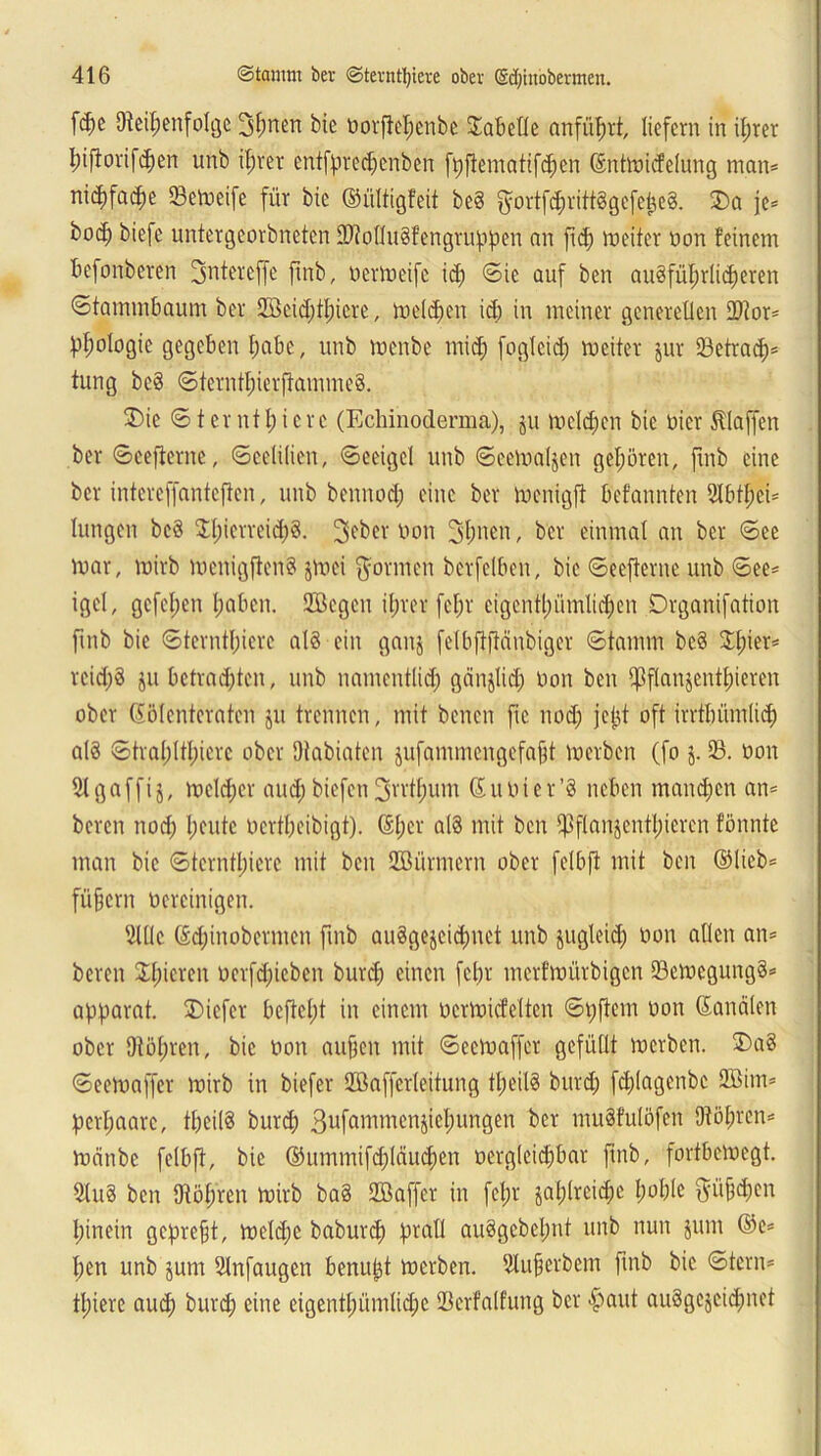 fd)c Oieihenfolgc 3f)nen bic üorfiehenbe Tabelle anführt, liefern in il)rer htfiorifhen unb ihrer entfpredjenben fpjiematifchen ©ntmicfelung man* nichfad)e 93emeifc für bic ©iiltigfeit beS $ortfd)rittSgefepeS. 2)a je* bod; biefe untergeorbneten IDMlttSfengruppen an fid) meiter non feinem bcfonbcren ^ntereffe ftnb, ncrmeifc id) ©ic auf ben ausführlicheren ©tammbaunt ber 2ßcid;fl;icre, meldten id) in meiner generellen 2Ror* f)l;ologic gegeben habe, unb menbe mich foglcid) meiter jur 93etra<h* tung beS ©terntf)ierftammeS. ©ie ©terntl)ierc (Echinoderma), ju melden bie nier klaffen ber ©ceficrne, ©eelilien, ©ecigcl unb ©eemaljen gehören, ftnb eine ber intcrcffantcften, unb benitod) eine ber menigft befannten Slbtfei* lungen beS 31;icrrcid)ö. 3eber non 3'lmen, ber einmal an ber ©ee mar, mirb mcitigfienS jmei formen berfclben, bie ©eefiertte unb ©ee* igel, gcfehen haben. SBcgcu ihrer fehr eigentlnhnlichen Drganifation finb bie ©terntbicre als ein ganz felbfiftänbiger ©tamm beS $l;ier* rcid;S ju betrauten, unb namentlich gänzlich non ben Ißflanjentfiieren ober ©ölenteraten jn trennen, mit benen fic nod) jept oft irrtlnimlich al§ ©tral)ltl;ierc ober Otabiaten jufammcngefajjt merbcn (fo j. 93. non Slgaffij, mclchcr and) biefen 3rrtl)uut ©uoier’S neben manchen an* bcrcn nod) heute ncrtbcibigt). ©her als mit ben lßflanjcntl)ieren fönnte man bic ©tcrntl;iere mit ben Söürmern ober fclbft mit ben ©lieb* füjjcrn ncrcinigen. Stile ©d;inobermen ftnb ausgezeichnet unb zugleich non allen an* bereit Sinken nerfd)iebcn burd) einen fetjr merfmürbigcn 93emcgung8* apparat. SDiefer befiel)! in einem ocrmicfeltcn ©pftem non ©analen ober 9iöt)ren, bic non aufjcn mit ©ecmaffcr gefüllt mcrben. ®a8 ©eemaffer mirb in biefer Söafferleitung tpeilS burd) fd)lagenbe 2ßim* perhaare, tljeilS burd) 3»fammenjiehungen ber muSfulöfen Diöhren* mätibe felbfi, bic ©ummifd)läud)en oergleichbar finb, fortbcmegt. SlttS ben 9töl;ren mirb baS Söaffer in fcl;r jah^ei^e h°^e Süfjdjcn hinein gcprefjt, meldje baburch prall auSgebel)nt unb nun zum ©e* hcn unb zum Slnfaugen benujjt merben. Slufjerbem ftnb bic ©tern* tl)iere auch frurcp eine eigentl)ümlid)c 33erfalfung ber -haut ausgezeichnet