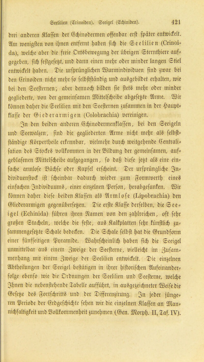 brei anbcrcn klaffen ber (Schinobermcn offenbar crf! fpäter entroidfeft. 9lm wenigften oon iljnen entfernt fjaben ftd) bic ©celilien (Crinoi- da), welche aber bie freie Drtäbewegung ber übrigen ©terntbicre auf* gegeben, fidf fcftgefetd, unb bann einen mel;r ober minber langen ©tiel cntmicfelt haben. Sie urfprünglichen OBurminbioibuen ftnb zwar bei ben Srinoiben nid;t mehr fo felbjtftänbig unb auögebilbct erhalten, wie bei ben ©eefternen; aber bennoch bilben fte ftetS mehr ober minber geglieberte, non ber gemeinfamen ÜUiittelfcheibc abgefepte 2Irme. QBir fönnen baf;er bie ©eelüien mit ben ©eefternen jufammen in ber #aupt* flaffc ber ©ieberarmigen (Colobrachia) oereinigen. 3n ben beiben anberen ©chinobermenflaffen, bei ben ©eeigeln unb ©cemaljen, fmb bic gegliebertcn 2lrme nid)t mehr al3 felbft* ftänbige ^örpertbeile crfennbar, nic(mel;r burcf? wcitgel;enbe ©entrali* fation bc§ ©tocfe§ nodfommen in ber Q3ilbung ber gemeinfamen, auf* geblafenen $iittelfcf)eibc aufgegangen, fo bafj biefe jcpt al§ eine ein* fache armlofe 23üd)fe ober ftapfel erfcpeint. Ser urfprünglidje 311== bmibucnftocf ift fcheinbar babnrd) micber jum $ormwerth eined einfachen 3nbwibuum§, einer einzelnen ^ßerfon, fjerabgefunfen. 2Bir fönnen bafjer biefe beiben klaffen al§ Slrmlofe (Lipobrachia) ben ©lieberarmigen gegenüberfepen. Sie erftc klaffe berfelben, bic © e e* igel (Echinida) führen ihren Dtamen non ben zahlreichen, oft fefjr großen ©tacheln, welche bie fejte, au§ $talfplatten fef)r fünfilich ju* fanunengefepte ©chale bebecfen. Sie ©chate fclbft hat bie ©runbform einer fünffeitigen ffhjramibe. 2M)rfcheinlid) haben ft<h bie ©eeigel unmittelbar au$ einem 3$cige ber ©eefterne, oielleid)t im 3ufam* menhang mit einem 3ttcige ber ©eelüien entwicfelt. Sie einzelnen Abteilungen ber ©eeigel beftätigen in ihrer hiftorifchen Aufeinanber* folge ebenfo wie bie Orbnungen ber ©eelilien unb ©eefterne, weldpe 3hnen bie ncbenftehenbe Tabelle aufführt, in ausgezeichneter Söeifebic ©efepe beö ^ortfdjrittS unb ber Siffercnzirung. 3n jeber jünge* ren ^eriobe ber ©rbgefd;id)te fehen mir bie einzelnen klaffen an QJian* nichfaltigfeit unb93oUfommenheit zunehmen (@cn. fDtorpl;. II, £af.IY).