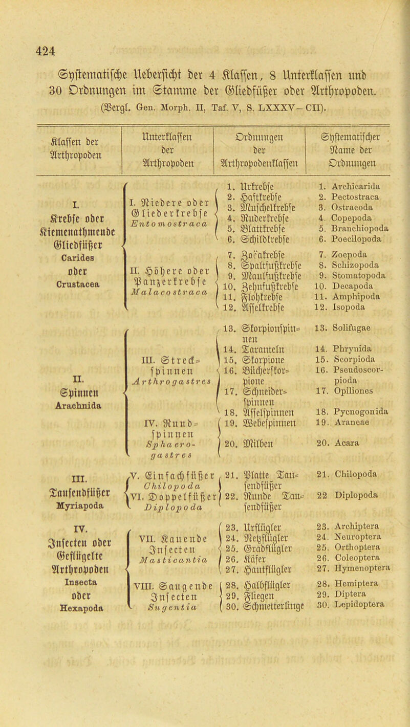 ©9ftematifc$e Ueberjidjt bet 4 klaffen, 8 Unterftaffcn unb 30 Dränungen im «Stamme bcr ©üebfü§et ober Slrtijropoben. (SScrgt. Gen. Morph. II, Taf. V, S. LXXXV- CII). Staffen ber 2trtf)ropoben Unterftdffen ber Strt^ropoben Ordnungen ber Strtljropobenflaffen r 1. Urtrcbfe I. Srebfc ober Sicmcuotlimcnbc ©licbfiifjcr I. fiebere ober ©liebe rfrebfe Ent 0 mostr aca 2. Hafttrebfe | 3. ITtnfdjeltrebfe 4. SRubcrtrcbfc 5. Stattfrebfe 6. ©dptbtrebfe Carides , 7. 3°tatrcbfe ober Crustacea II. Höhere ober fpönjerlreBf e Mala co str ac a 1 8. ©paltfufftrcbfc ) 9. fDtautfufjtrebfe j 10. 3e0ufuf3trebfe ‘ 11. gjtoljtrebfe ' 12. Sffettrcbfe n. ©4)imicu Arachnida , 13. ©forpioufpin- [ neu l 14. Xarnntctu in. ©tred = * 15. ©JorPione fp innen \ 16. SBüd)erffor= Arthrogastres I piottc I 17. ©djuciber* fpiuiieu ' 18. SXffelfpimieit IV. 91 u u b = ( 19. Sßcbejpinnen f pinnen ) Sp ha er o- ) 20. iDtitbeU ga str c 8 \ III. $aiifcnbfiit)cr Myriapoda rV. Sinfad)fiifjer , 21. glatte £ait= Ohilopoda j fenbfiijicr VI. 2) 0 ppeIf iifi er) 22. ijtnnbc £au= i Diplopo da fenbfüfjer IV. Snfecten ober ©cf(iigcltc ülrtljropobcn Insecta ober Hexapoda vii. Saitenbc Snfecten Ma 8 ticantia vili. ©augenbe 3nf ecten Sugentia I 23. UrPgter \ 24. SZcfjfulgter < 25. ©rabftugler / 2G. Safer \ 27. Hautflügler ( 28. Halbflügler ] 29. fliegen ( 30. ©djmettcrlinge ©pftematifd)er ■Jiante ber Dehnungen 1. Archicarida 2. Pectostraca 3. Ostracoda 4. Copepoda 5. Branchiopoda 6. Poecilopoda 7. Zoepoda 8. Scliizopoda 9. Stomatopoda 10. Decapoda 11. Amphipoda 12. Isopoda 13. Solifugae 14. Phrynida 15. Scorpioda 16. Pscudoscor- pioda 17. Opiliones 18. Pycnogonida 19. Araneao 20. Acara 21. Chilopoda 22 Diplopoda 23. Archiptera 24. Neuroptera 25. Orthoptora 26. Coleoptera 27. Hymenoptera 28. Hemiptera 29. Diptera 30. Lepidoptera