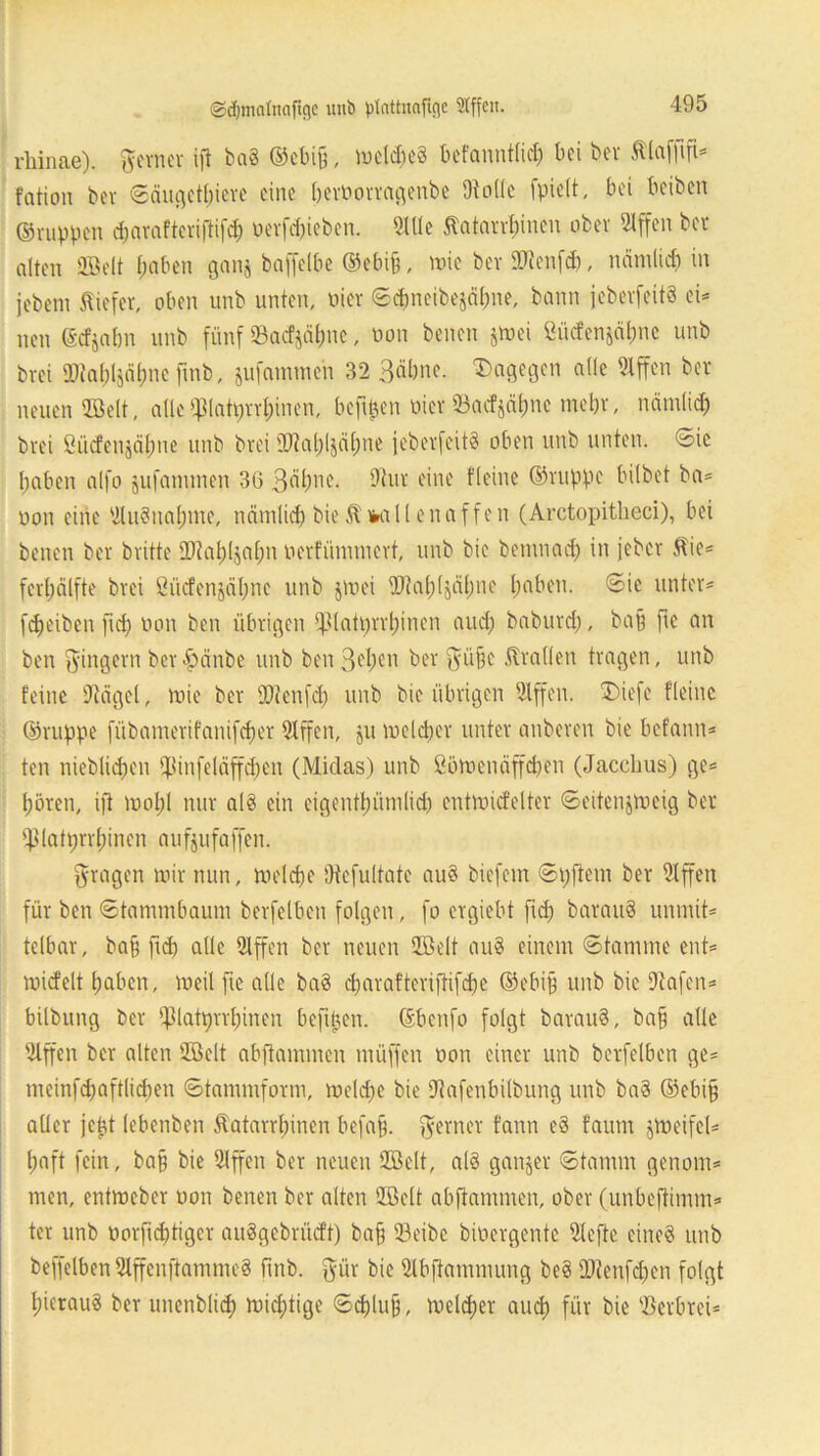 ©cfjmatnaftge unb plattnafige Stffen. rhinae). ferner ift baS ©cbifj, mcldieS befanntlicf) bei bei* Älafftfi- fation bei* ©ciugetf)iere eine bevöorragenbe Ototi'e fpielt, bei beiben ©ruppen dmrafteriftifd) oerföieben. Älte ffatarr&inen ober Äffen bet alten ©eit haben ganj baffelbe ©ebifj, mie bei* 90tenfd), nämlich in jebem flicfcr, oben unb unten. Hier ©dmcibejähne, bann jeberfcitS ei* neu ©cfjabn unb fünf 23acf$ähne, non benen &toei ßücfenjähnc unb brei SOtahljähne jtnb, jufammen 32 Bäbne. dagegen alle Slffen bei* neuen ©eit, alle$latprrf)inen, befugen Hier 93acf§ät)ne rnebr, nämlid; brei ßücfenjähne unb brei 'IRal)ljä(;ne feberfeitS oben unb unten, ©ie haben alfo jufanunen 36 3älme. 9tur eine Keine ©nippe bilbet ba* oon eine ÄuSttahme, nämlich bieÄwtllenaffen (Arctopitheci), bei benen bei* britte 2J?at)($af;n oerfünunert, unb bie bemnad; in jeber ftie* ferl)cilfte brei ßücfenjäl;ne unb jmei ©ahljäbnc haben, ©ic unter* fd;eiben fid) oon bcn übrigen ^Uatprrljinen and; baburd;, ba§ fic an ben Ringern ber-fjänbe unb bcn3?hen ber $üjje drallen tragen, unb feine Dtagel, rote ber SDtenfd; unb bie übrigen Äffen, ©iefe fleinc ©ruppe fübamerifanifeper Äffen, $u melcber unter anberen bie befatin* ten nieblichen ©nfeläffdjen (Midas) unb ßömenäffeben (Jacchus) ge* l;ören, ift mol)l nur als ein eigentümlich cntmid'clter ©eitenjmeig ber 'filatprrhinen aufjufaffen. fragen mir nun, melcpe Dtefultate au§ biefern ©pftem ber Äffen für ben ©tanunbaum berfelbcn folgen, fo ergiebt fid; barauS unmit* tclbar, ba§ fid) alle Äffen ber neuen ©eit au§ einem ©tamme ent* micfelt haben, meil fie alle ba§ charafteriftifchc ©ebi§ unb bie SJtafen* bübung ber ^latprrhincn befttjen. ©benfo folgt barauS, baff alle Äffen ber alten ©eit abflanunen müffen oon einer unb berfelbcn ge* meinfchaftlichen ©tammform, meldfc bie Äafenbilbung unb baS ©ebi§ aller jept lebenben föatarrhinen befa§. ferner fann e§ faum jmeifel* haft fein, ba§ bie Äffen ber neuen ©eit, al§ ganzer ©tamm genom* men, entmeber oon benen ber alten ©eit abftammen, ober (unbeftimm* ter unb oorfid)tigcr auSgebrücft) bafj 23eibc biüergente Äefte eine? unb beffelben ÄffenftammeS finb. $ür bie Äbfiammung beS iDtenfdfcn folgt hierauf ber unenblid) michtige ©chlujf, meiner auch für bie 'öerbrei*