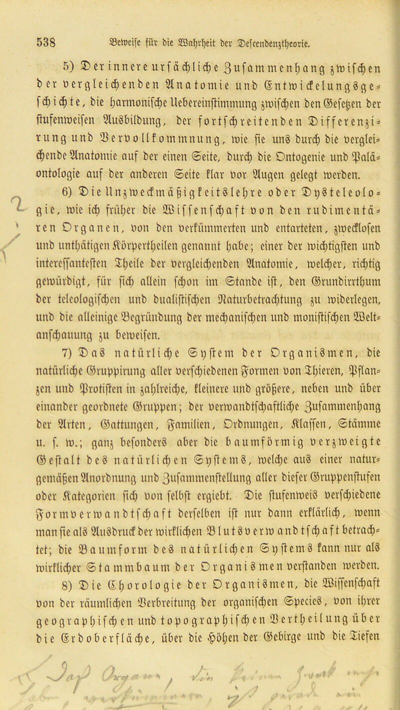 5) Oer innere urfäcpliche Sufammenbang jmifepen ber oergleicpenben Hlnatomie unb ©ntmi cf elungSge* f cJ) i d) t e, bie f;armonifcf)c Uebereinftimmung jroifepen bert ©efc^ert ber flufemoeifen HluSbilbung, ber fortfepreitenben SDiffcrert§i* rung unb 23eroollf ommnung, mie fie unS burd) bie oerglei= epenbe Hlnatomie auf ber einen ©eite, burd) bic Ontogenie unb ?ßalä= ontologie auf ber anberen ©eite flar üor 2lugen gelegt merben. 6) O i e U n j )o e cf m ä § i g t c i t S I e l; r e ober OpSteleolo* * gie, mie id; früher bic Sßiffenfdjaft oon ben rubimentä = ^ ren Organen, oon ben oerfünunerten unb entarteten, jmecflofen unb untpätigen Körpcrtpeilen genannt pabe; einer ber mieptigfien unb intereffanteften Jpcilc ber oergtcid)enben Anatomie, mclcpcr, ridjtig gemürbigt, für fid) allein fepon im ©tanbe ift, ben ©runbirrtpum ber teleologifcpen unb buali(lifcpen Htaturbetraeptung ju mibertegen, unb bie alleinige 33cgrünbung ber med)anifd)cn unb moniftifepen 2ßelt* anfdjöuung ju bemeifen. 7) Oa8 natürliche ©pfrem ber Organismen, bie natürliche ©ruppirung aller öerfepiebenen formen oon Spieren, $flan= jen unb ißrotiften in japlreicpe, flcinere unb größere, neben unb über einanber georbnete ©nippen; ber üermanbtfcpaftlicpe gufammenpang ber Hirten, ©attungen, Familien, Orbnungen, klaffen, ©tämme u. f. m.; ganj befonberS aber bic baumförmig oerjmeigte ©eftalt beS natürlichen ©pftemS, roekpc auS einer natur* gemäßen HInorbnung unb ßufammcnftellung alter biefer ©ruppenftufen ober Kategorien fid) oon fclbft ergiebt. Oie ftufenmeiS oerfd)iebenc ftormocrmanbtfcpaft bcrfelbcn ift nur bann erflärlicp, rnenn man fie als HluSbrucf ber mirfliepen 33 lut So erm anb tfd) aft betraep* tet; bie 23 a umform bcS natürlichen ©p ft cm 8 fann nur als mirflid;er ©tammbaum ber Organismen oerftanben merben. 8) Oie ©porologie ber Organismen, bic 293iffenfcpaft üon ber räumlichen Verbreitung ber organifd)cn ©pecieS, oon ihrer g e o g r a p l; i f cp e n unb t o p o g r a p p i f cp e n 23 e r 11; e i l u n g über bie ©rboberfläcpc, über bie #öpen ber ©ebirge unb bic liefen 9 A , } l