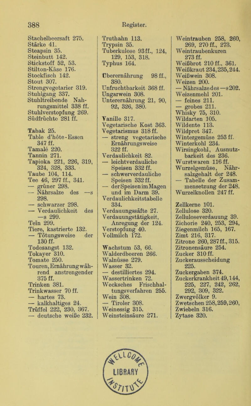 Stachelbeersaft 275, Stärke 41. Steapsin 35, Steinbutt 142. Stickstoff 52, 53. Stilton-Käse 176. Stockfisch 142. Stout 307. Strengvegetarier 319. Stuhlgang 337. Stuhltreibende Nah- rungsmittel 338 ff. Stuhlverstopfung 269. Südfrüchte 281 ff, Tabak 25. Table d’höte-Essen 347 ff. Tamale 220. Tannin 271. Tapioka 221, 226, 319, 324, 328, 333. Taube 104, 114. Tee 46, 297 ff., 341. — grüner 298. — Nährsaize des —s 298. — schwarzer 298. — Verdauüchkeit des —s 299. Tein 299. Tiere, kastrierte 132. — Tötungsweise der 130 ff. Todesangst 132. Tokayer 310. Tomate 250. Touren, Ernährung wäh- rend anstrengender 375 ff. Trinken 381. Trinkwasser 70 ff. — hartes 73, — kalkhaltiges 24. Trüffel 222, 230, 367. — deutsche weiße 232. Truthahn 113. Trypsin 35. Tuberkulose 93 ff., 124, 129, 153, 318. Typhus 164. Überernährung 98 ff., 380. Unfruchtbarkeit 368 ff. Ungarwein 308. Unterernährung 21, 90, 92, 326, 380. Vanille 317. Vegetarische Kost 363. Vegetarismus 318 ff. — streng vegetarische Ernährungs weis e 322 ff. Verdauhchkeit 82. — leichtverdauliche Speisen 332 ff. — schwerverdauliche Speisen 332 ff. — der Speisen im Magen und im Darm 39. V erdaulichkeitstabelle 334. Verdauungssäfte 27. V erdauungstätigkeit, Anregung der 124. Verstopfung 40. Vollmilch 172. Wachstum 53, 66. Walderdbeeren 266. Walnüsse 279. Wasser 32. — destilliertes 294. Wassertrinken 72. Wecksches Frischhal- tungsverfahren 255. Wein 308. — Tiroler 308. Weinessig 315. Weinsteinsäure 271. Weintrauben 258, 260, 269, 270 ff., 273. W eintraubenkuren 273 ff. Weißbrot 210 ff., 361. Weißkraut 234,235,244. Weißwein 308. Weizen 200. — Nährsalze des —s 202. Weizenmehl 201. — feines 211. — grobes 211. Whisky 75, 310. Wildarten 105. Wildente 113. Wildpret 347. Wintergemüse 253 ff. Winterkohl 234. Wirsingkohl, Ausnutz- barkeit des 236. Wurstwaren 116 ff. Wurzelgemüse, Nähr- salzgehalt der 248. — Tabelle der Zusam- mensetzung der 248. Wurzelknollen 247 ff. Zellkerne 101. Zellulose 320. Zelluloseverdauung 39. Zichorie 240, 253, 294, Ziegenmilch 165, 167. Zimt 216, 317. Zitrone 260,287 ff., 315. Zitronensäure 254. Zucker 310 ff. Zuckerausscheidung 225. Zuckergaben 374. Zuckerkrankheit 49,144, 225, 227, 242, 262, 292, 309, 322. Zwergvölker 9. Zwetschen 258,259,260, Zwiebeln 316. Zytase 320.