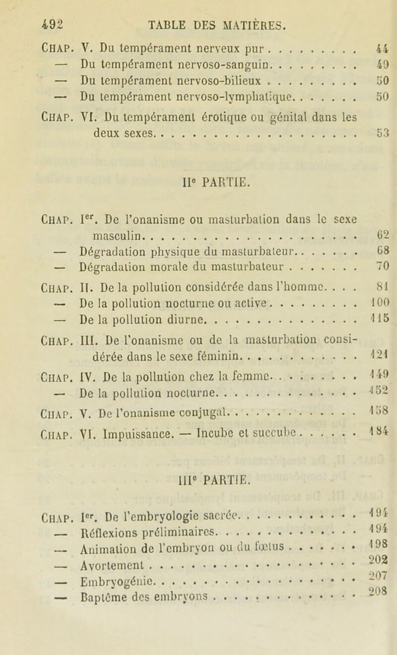 Chap. V. Du tempérament nerveux pur 44 — Du tempérament nervoso-sanguin 49 — Du tempérament nervoso-bilieux 90 — Du tempérament nervoso-lymphalique 50 ClIAP. VI. Du tempérament érotique ou génital dans les deux sexes 53 II0 PARTIE. Chap. Ier. De l’onanisme ou masturbation dans le sexe masculin 62 — Dégradation physique du masturbateur 68 — Dégradation morale du masturbateur 70 Chap. II. De la pollution considérée dans l’homme. . . . 81 — De la pollution nocturne ou active 100 — De la pollution diurne U5 Chap. III. De l’onanisme ou de la masturbation consi- dérée dans le sexe féminin 121 Chap. IV. De la pollution chez la femme 140 — De la pollution nocturne 162 Chap. V. De l’onanisme conjugal 138 Ciiap. VI. Impuissance. — Incube et succube 134 IIIe PARTIE. ClIAP. Ier. De l’embryologie sacrée 104 — Réflexions préliminaires 104 — Animation de l’embryon ou du foetus 108 — Avortement * _ — Embryogénie — Baptême des embryons 208