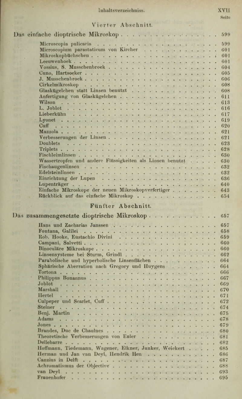 Seite Vierter Abschnitt. Das einfache dioptrische Mikroskop 599 Micvoscopia pulicaria 599 Microscopium parastaticum von Kircher 601 Mikroskopbüchschen * 601 Leeuwenhoek 601 Vossius, S. Musschenbroek 604 Cuno, Hartsoeker 605 J. Musschenbroek 606 Cirkelmikroskop 608 Glaskügelchen statt Linsen benutzt 608 Anfertigung von Glaskügelchen 611 Wilson G13 L. Joblot 616 Lieberkühn 617 Lyonet 619 Cuff : 620 Mazzola 621 Verbesserungen der Linsen 621 Doublets 623 Triplets 628 Fischleimlinsen 630 Wassertropfen und andere Flüssigkeiten als Linsen benutzt 630 Fischaugenlinsen 632 Edelsteinlinsen ' 632 Einrichtung der Lupen 636 Lupenträger 640 Einfache Mikroskope der neuen Mikroskopverfertiger 643 Rückblick auf das einfache Mikroskop 654 Fünfter Abschnitt. Das zusammengesetzte dioptrische Mikroskop 657 Hans und Zacharias Janssen 657 Fontana, Galilei 658 Roh. Hooke, Eustachio Divini 659 Campani, Salvetti 660 Binoculäre Mikroskope 660 Linsensysteme bei Sturm, Grindl 662 Parabolische und hyperbolische Linsenfiächen 664 Sphärische Aberration nach Gregory und Huygens 664 Tortona 666 Philippus Bonannus 667 Joblot 669 Marshall 670 Hertel 671 Culpeper und Scarlet, Cuff 672 Steiner 674 Benj. Martin 675 Adams 678 Jones 679 Brandes, Duc de Chaulnes 680 Theoretische Verbesserungen von Euler 681 Dellebarrc 682 Hoffmann, Tiedemann, Wagener, Falkner, Junker, Weickert 685 Herman und Jan van Deyl, Hendrik Hen 686 Canzius in Delft - 687 Achromatismus der Objective 688 van Deyl 693 Frauenhofer 695