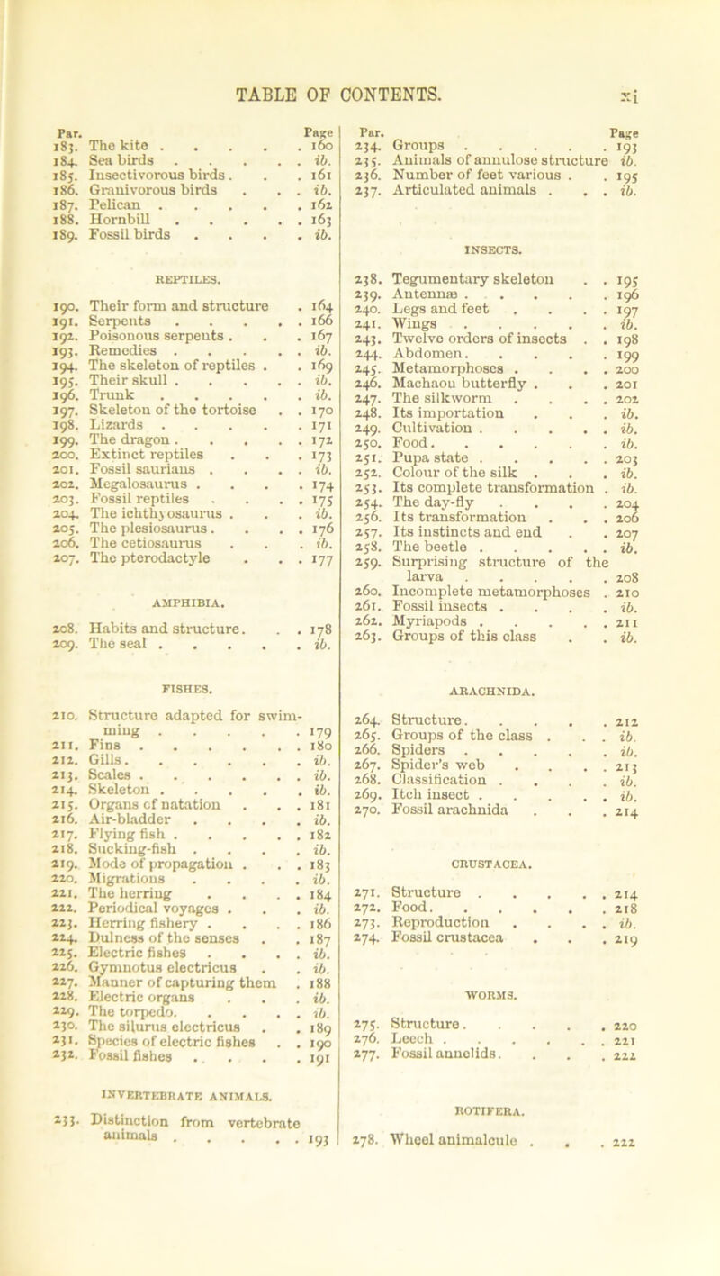 Par. Page 183. The kite . . . 160 184. Sea birds . . ib. 1S5. Insectivorous birds. . . 161 186. Granivorous birds . . ib. 187. Pelican . . . 162 188. Hornbill . . 163 189. Fossil birds . . ib. REPTILES. 190. Their form and structure 164 191. Serpents . ( 166 192. Poisonous serpents . . 167 193. Remedies . ib. 194. The skeleton of reptiles . . 169 195. Their skull . , . ib. 196. Trunk . , ib. 197- Skeleton of the tortoise 170 198. Lizards . . . 171 199. The dragon. . . . . 172 200. Extinct reptiles . . *73 201. Fossil saurians . ib. 202. Megalosaurus . . 174 203. Fossil reptiles . . 175 204. The ichthyosaurus . ib. 205. The plesiosaurus. . , 176 206. The cetiosauras . . ib. 207. The pterodactyle • • 177 AMPHIBIA. 208. Habits and structure. 178 209. The seal . • ib. FISHES. 210. Structure adapted for swim* ming . 179 211. Fins .... 180 212. Gills.... . ib. 213. Scales .... . . ib. 214. Skeleton . . . ib. 215. Organs of natation t , 181 216. Air-bladder ib. 217. Flying fish . 182 218. Sucking-fish . . , ib. 219. Mode of propagation . . . 183 220. Migrations . . , . ib. 221. The herring , , 184 222. Periodical voyages . , , ib. 223. Herring fishery . . . 186 224. Dulness of the senses # , 187 215. Electric fishes . ib. 226. Gymnotus electricus . ib. 227. Manner of capturing them . 188 228. Electric organs . . . ib. 229. The torpedo ib. 250. The silurus electricus . . 189 251. Species of electric fishes . . 190 232. Fossil fishes .. . . .191 INVERTEBRATE ANIMALS. 233. Distinction from vertebrate animals , , . , . 193 Par. Page 234. Groups 193 235. Animals of annulose structure ib. 236. Number of feet various . 195 ib. *17- Articulated animals . . . 238. INSECTS. Tegumentary skeleton . . !95 239. Antennaj . . 196 240. Legs and feet . . . . 197 241. Wings ib. 243. Twelve orders of insects . . 198 244. Abdomen 199 245. Metamorphoses . . . . 200 246. Machaou butterfly . 201 247. The silkworm . . . . 202 248. Its importation ib. 249. Cultivation ib. 250. Food ib. 251. Pupa state 203 232. Colour of the silk . ib. 253. Its complete transformation . ib. 254- The day-fly .... 204 256. Its transformation . . . 206 257. Its instincts and end 207 258. The beetle ib. 259. 260. Surprising structure of the larva Incomplete metamorphoses . 208 210 261. Fossil insects . . . . ib. 262. Myriapods 211 263. Groups of this class ib. 264. ARACHNIDA. Structure 212 265. Groups of the class . . . ib. 266. Spiders Spider’s web . . . . ib. 267. 213 268. Classification . ib. 269. Itch insect ib. 270. Fossil arachnida 214 271. CRUSTACEA. Structure 214 272. Food 218 273- Reproduction . . . . ib. 274. Fossil Crustacea 219 275- WORMS. Structure 220 276. Leech 221 277. Fossil annelids. 222 278. ROTIFERA. Wheel animalcule . 222