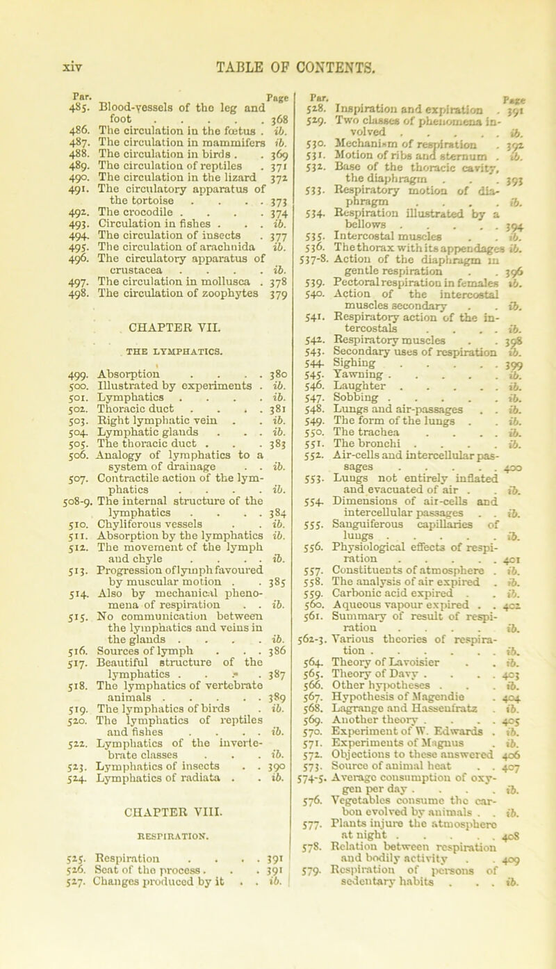 Par. Page 485. Blood-vessels of the leg and foot 368 486. The circulation in the foetus . ib. 487. The circulation in mammifers ib. 488. The circulation in birds . . 369 489. The circulation of reptiles . 371 490. The circulation in the lizard 372 491. The circulatory apparatus of the tortoise . . . . 373 492. The crocodile .... 374 493. Circulation in fishes . . . ib. 494. The circulation of insects . 377 495. The circulation of arachnids ib. 496. The circulatory apparatus of Crustacea . . . . ib. 497. The circulation in mollusca . 378 498. The circulation of zoophytes 379 CHAPTER VII. THE LYMPHATICS. 499. Absorption . . . . 380 500. Illustrated by experiments . ib. 501. Lymphatics . . . . ib. 502. Thoracic duct . . . . 381 503. Right lymphatic vein . . ib. 504. Lymphatic glands . . . ib. 505. The thoracic duct . . -383 506. Analogy of lymphatics to a system of drainage . . ib. 507. Contractile action of the lym- phatics . . . . ib. 508-9. The internal structure of the lymphatics . . . . 384 510. Chyliforous vessels . . ib. 511. Absorption by the lymphatics ib. 512. The movement of the lymph and chyle . . . . ib. 513. Progression of lymph favoured by muscular motion . . 385 514. Also by mechanical pheno- mena of respiration . . ib. 515. No communication between the lymphatics and veins in the glands . . . . ib. 516. Sources of lymph . . . 386 517. Beautiful structure of the lymphatics . . .« .387 518. The lymphatics of vertebrate animals 389 519. The lymphatics of birds . ib. 520. The lymphatics of reptiles and fishes . . . . ib. 522. Lymphatics of the inverte- brate classes . . . ib. 523. Lymphatics of insects . . 390 524. Lymphatics of radiata . . ib. CHAPTER VIII. RESPIRATION. 525. Respiration . . . . 391 I 526. Seat of the process. . . 391 527. Changes produced by it . . ib. jar. Page 528. Inspiration and expiration . 391 529. Two classes of phenomena in- volved ib. 530. Mechanism of respiration . 392 531. Motion of ribs and sternum . ib. 532. Base of the thoracic cavity, the diaphragm . . . 393 533. Respiratory motion of dia- phragm . . . . ib. 534. Respiration illustrated by a bellows . .... 394 535. Intercostal muscles . . ib. 536. The thorax with its appendages ib. 5 3 7-8. Action of the diaphragm w gentle respiration . . 396 539. Pectoralrespiration in females tb. 540. Action of the intercostal muscles secondary . . ib. 541. Respiratory action of the in- tercostals . . . . ib. 542. Respiratory muscles . . 308 543. Secondary uses of respiration ib. 544- Sighing 399 545. Yawning tb. 548. Laughter ib. 547. Sobbing ib. 548. Lungs and air-passages . . ib. 549. The form of the lungs . . ib. 550. The trachea . . . . 16. 551. The bronchi . . . . ib. 552. Air-cells and intercellular pas- sages 400 553. Lungs not entirely inflated and evacuated of air . . ib. 554. Dimensions of air-cells and intercellular passages . . ib. 555. Sanguiferous capillaries of lungs ib. 556. Physiological effects of respi- ration 401 557. Constituents of atmosphere . ib. 558. The analysis of air expired . ib. 559. Carbonic acid expired . . ib. 560. Aqueous vapour expired . . 402 561. Summary of result of respi- ration .... ib. 562-3. Various theories of respira- tion ib. 564. Theory of Lavoisier . . i'6. 565. Theory of Davy . . . . 403 566. Other hypotheses . . . ib. 567. Hypothesis of Magendie . 404 568. Lagrange and Hassenfratz . i&. 569. Another theory . . . . 405 570. Experiment of W. Edwards . ib. 571. Experiments of Magnus . ib. 572. Objections to these answered 406 573. Source of animal heat . . 407 574-5. Average consumption of oxy- gen per day .... ib. 576. Vegetables consume the car- bon evolved by animals . . ib. 577. Plants injure the atmosphere at night 408 578. Relation between respiration and bodily activity . . 409 579. Respiration of persons of sedentary habits . . . ib.